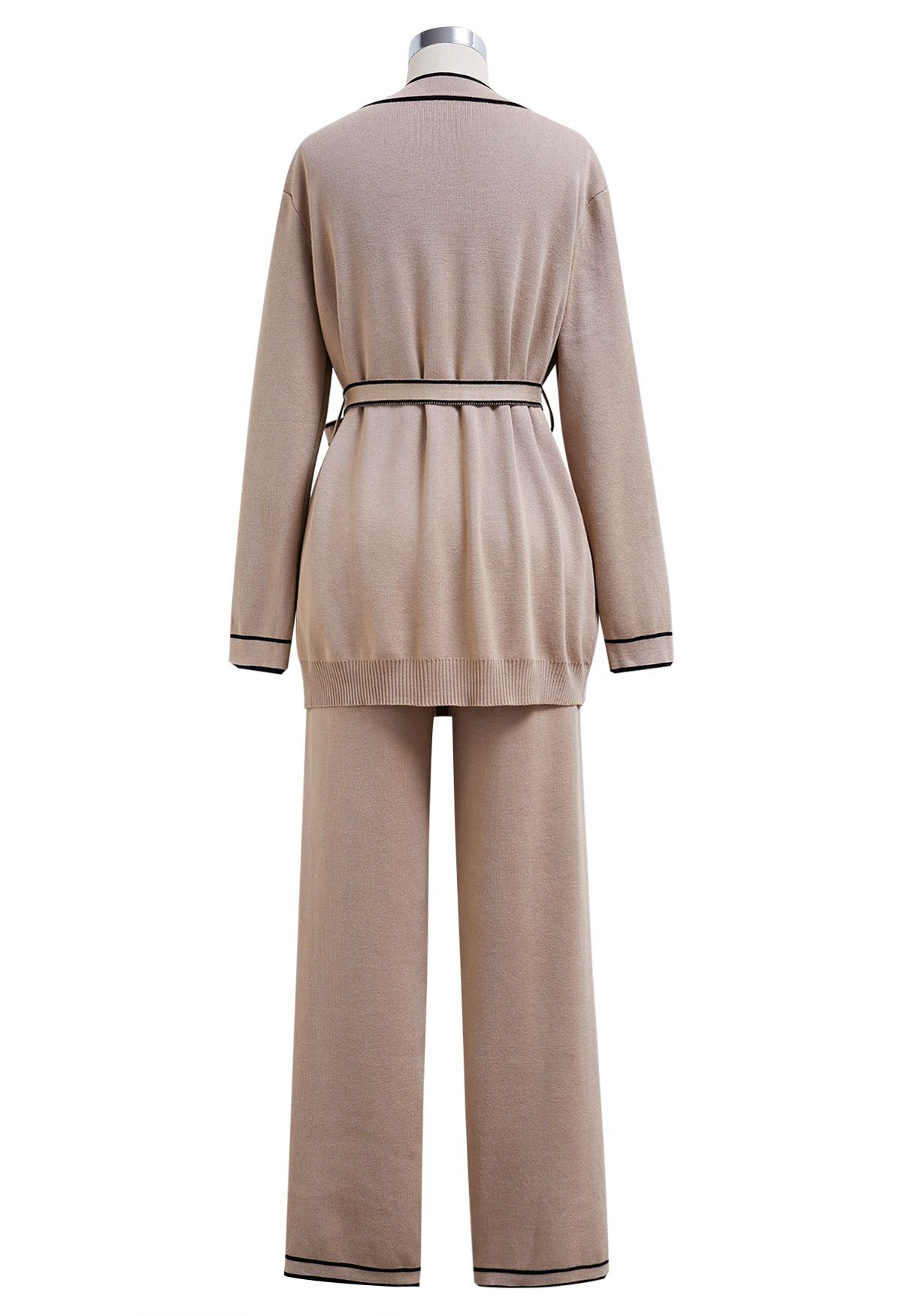 Contrast Edge Buttons Knit Cardigan and Pants Set in Camel