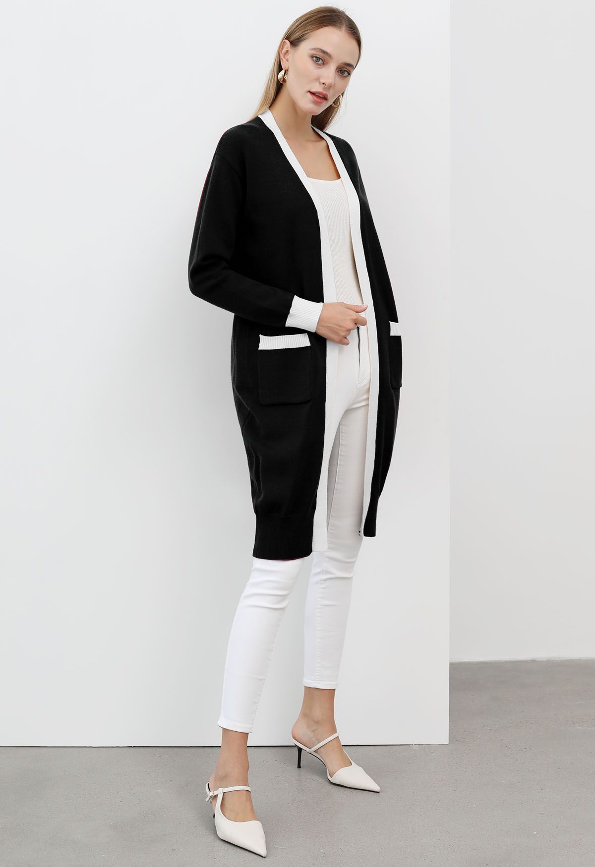 Contrast Edge Open Front Longline Knit Cardigan in Black