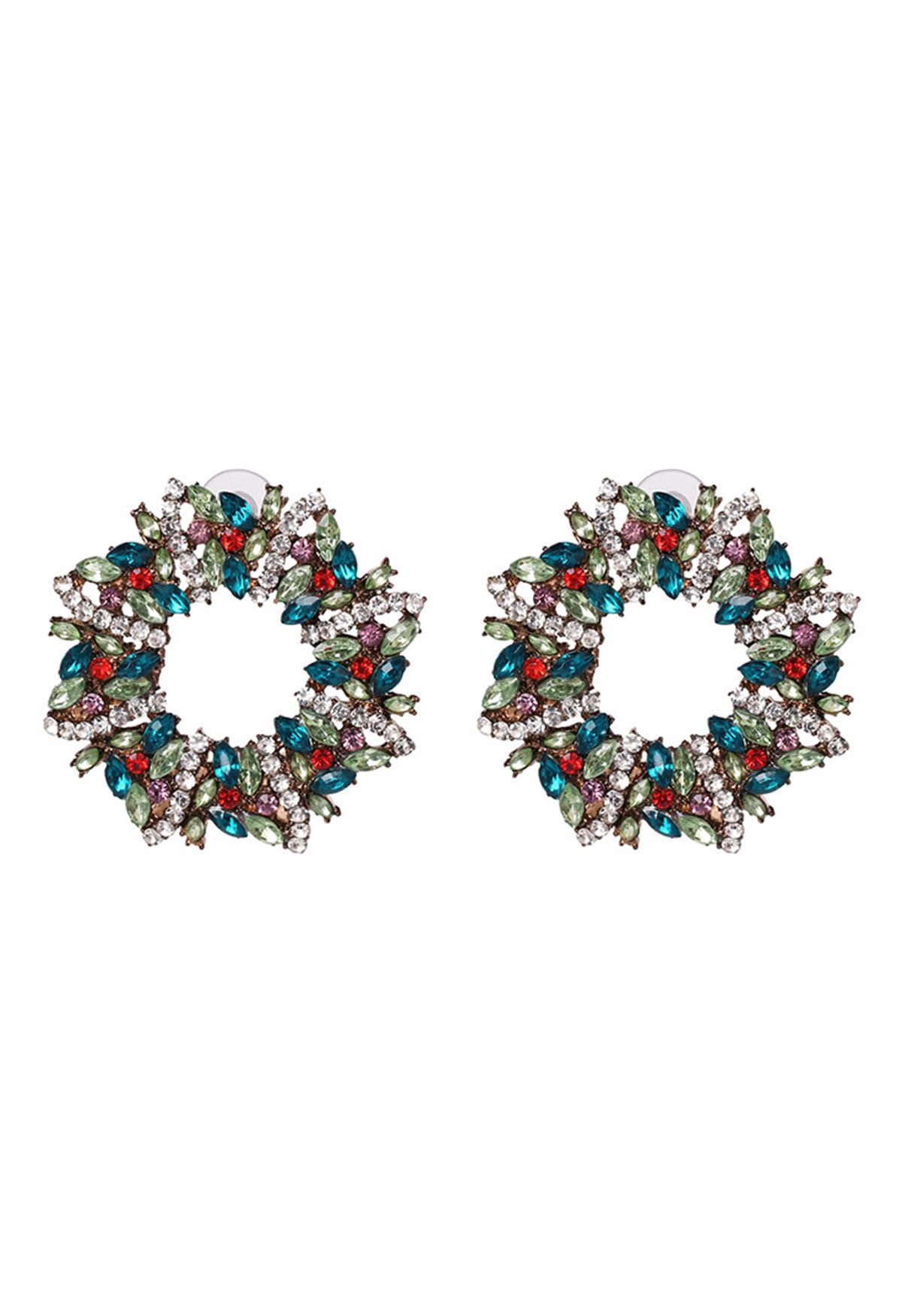 Green Wreath Rhinestone Earrings