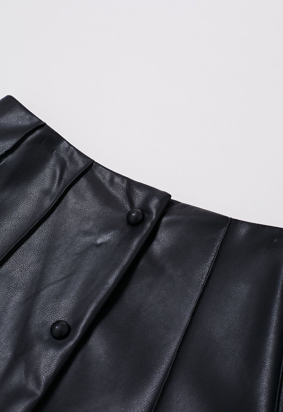 Button Front Faux Leather Midi Skirt in Black