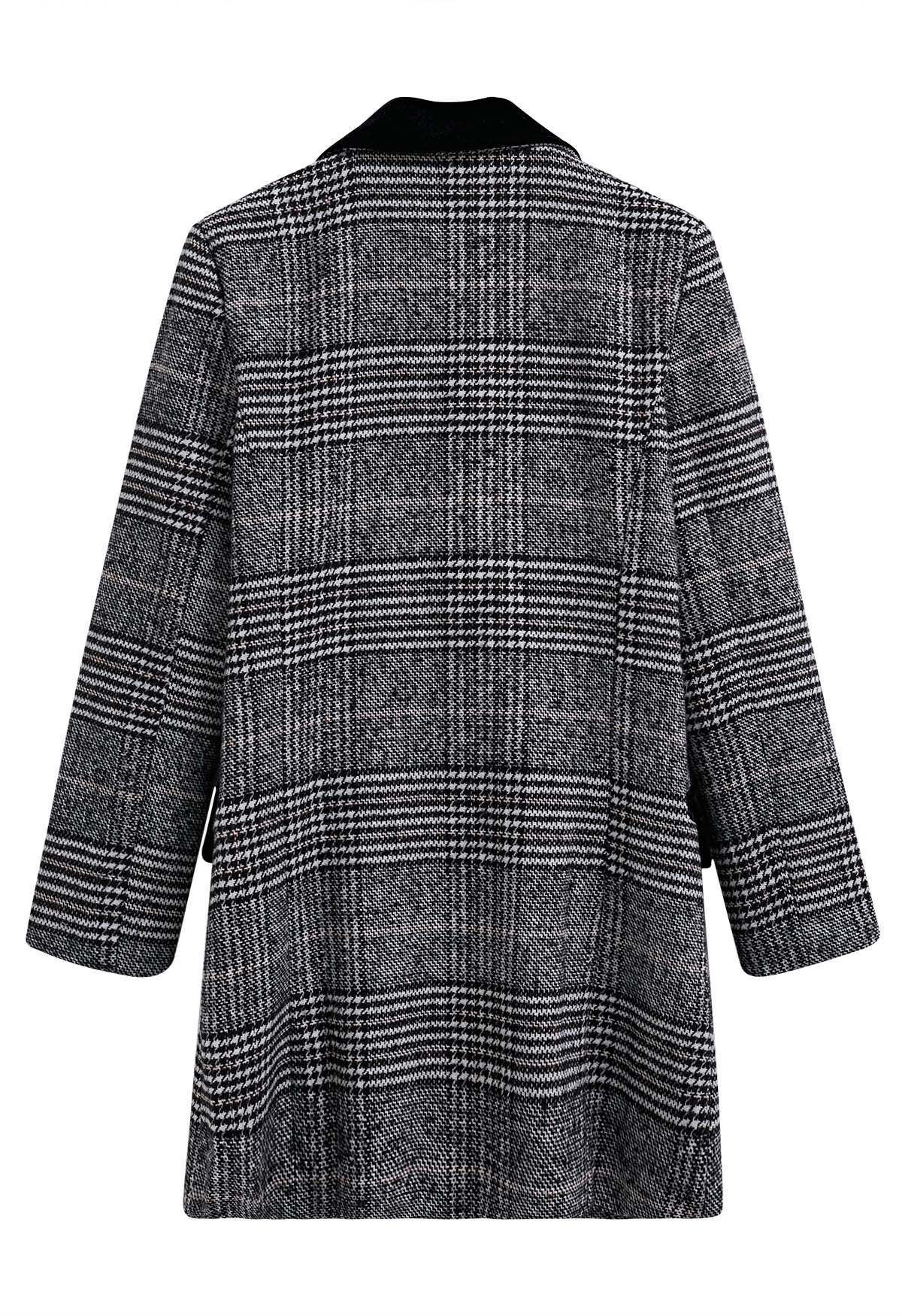 Houndstooth Plaid Double-Breasted Coat