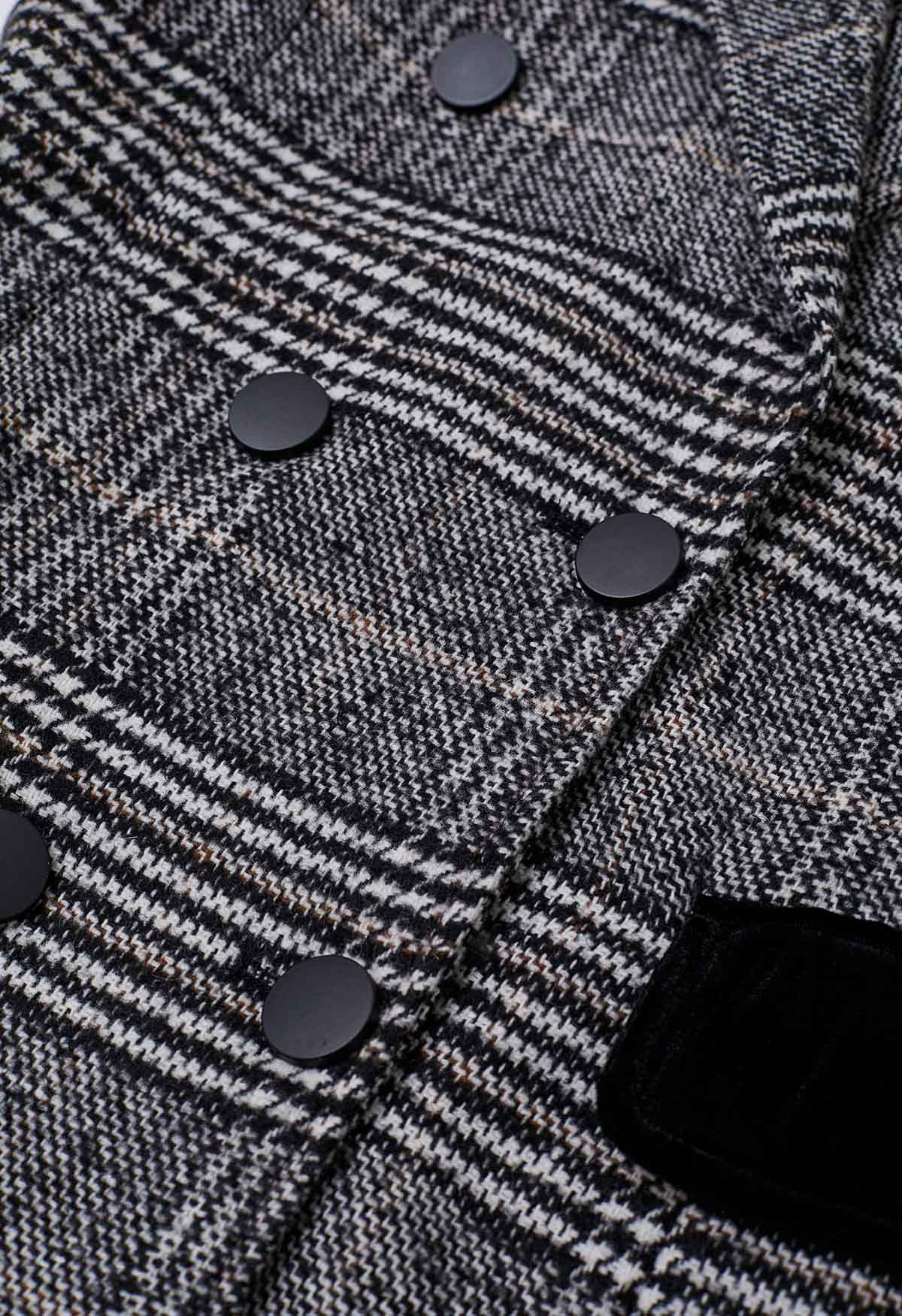 Houndstooth Plaid Double-Breasted Coat