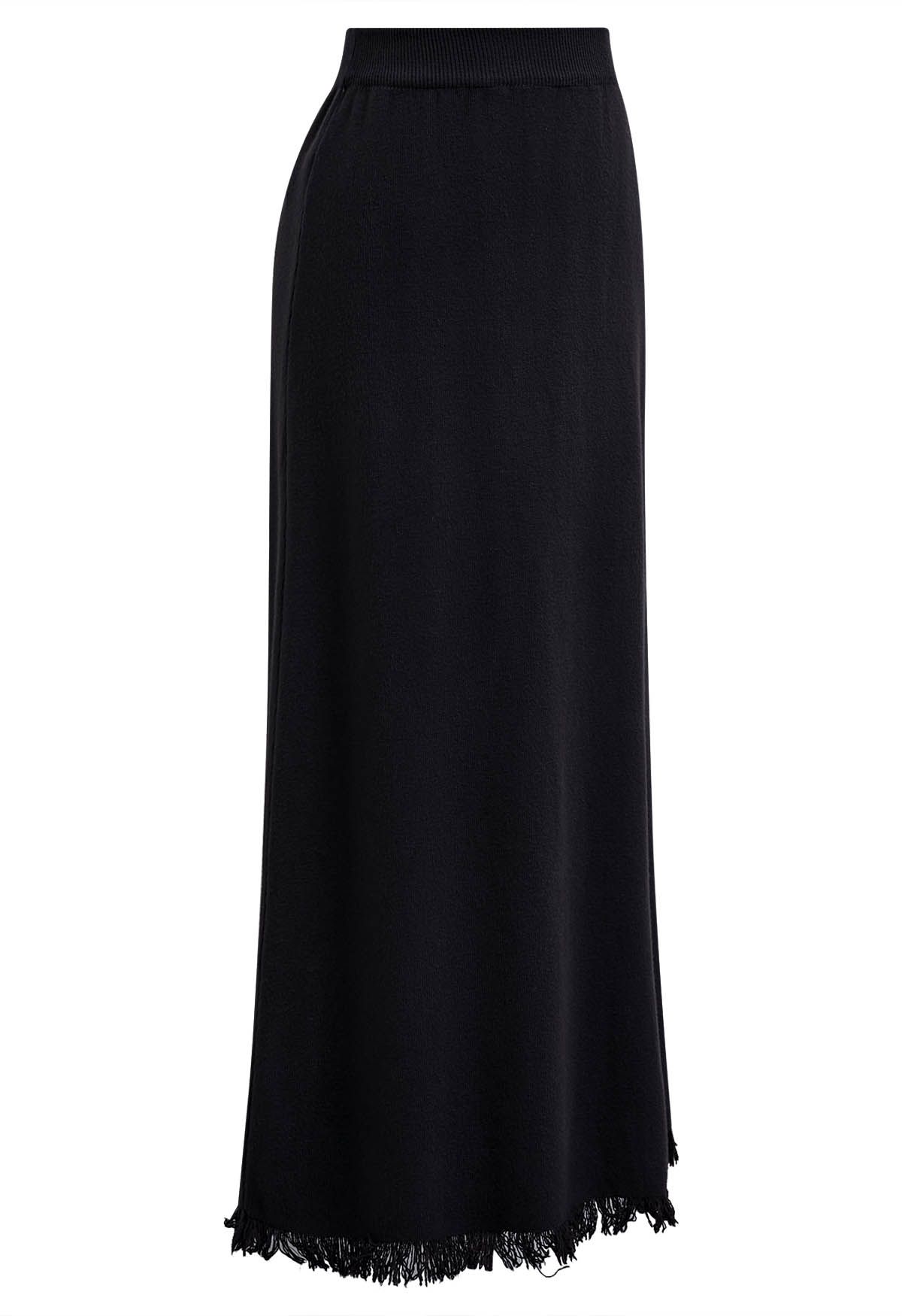 Fringed Hemline Soft Knit Maxi Skirt in Black