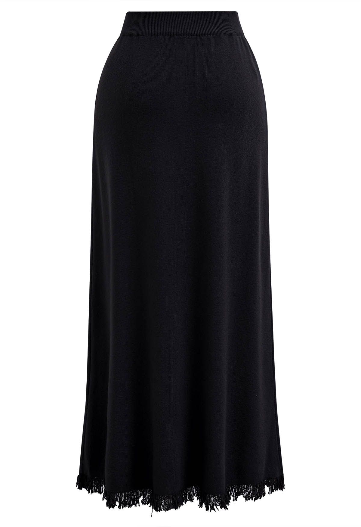 Fringed Hemline Soft Knit Maxi Skirt in Black