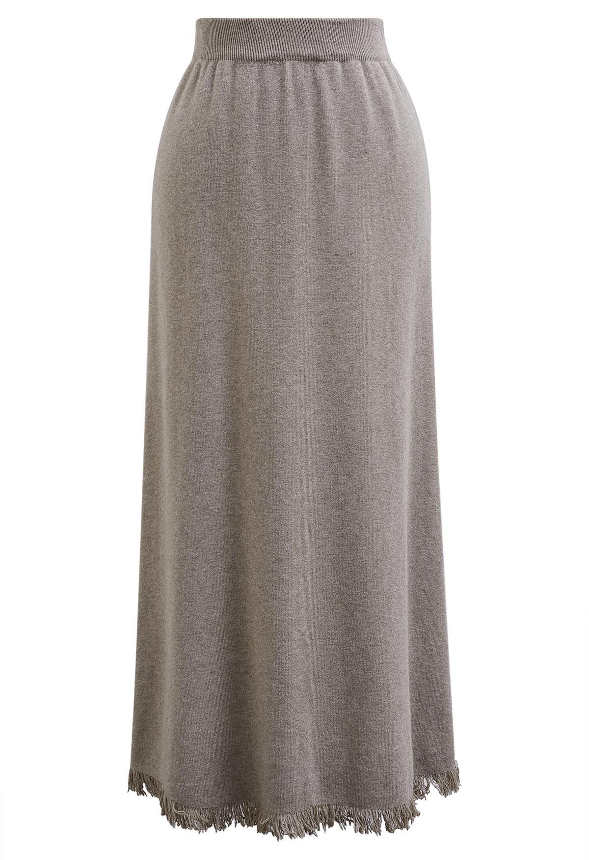 Fringed Hemline Soft Knit Maxi Skirt in Taupe