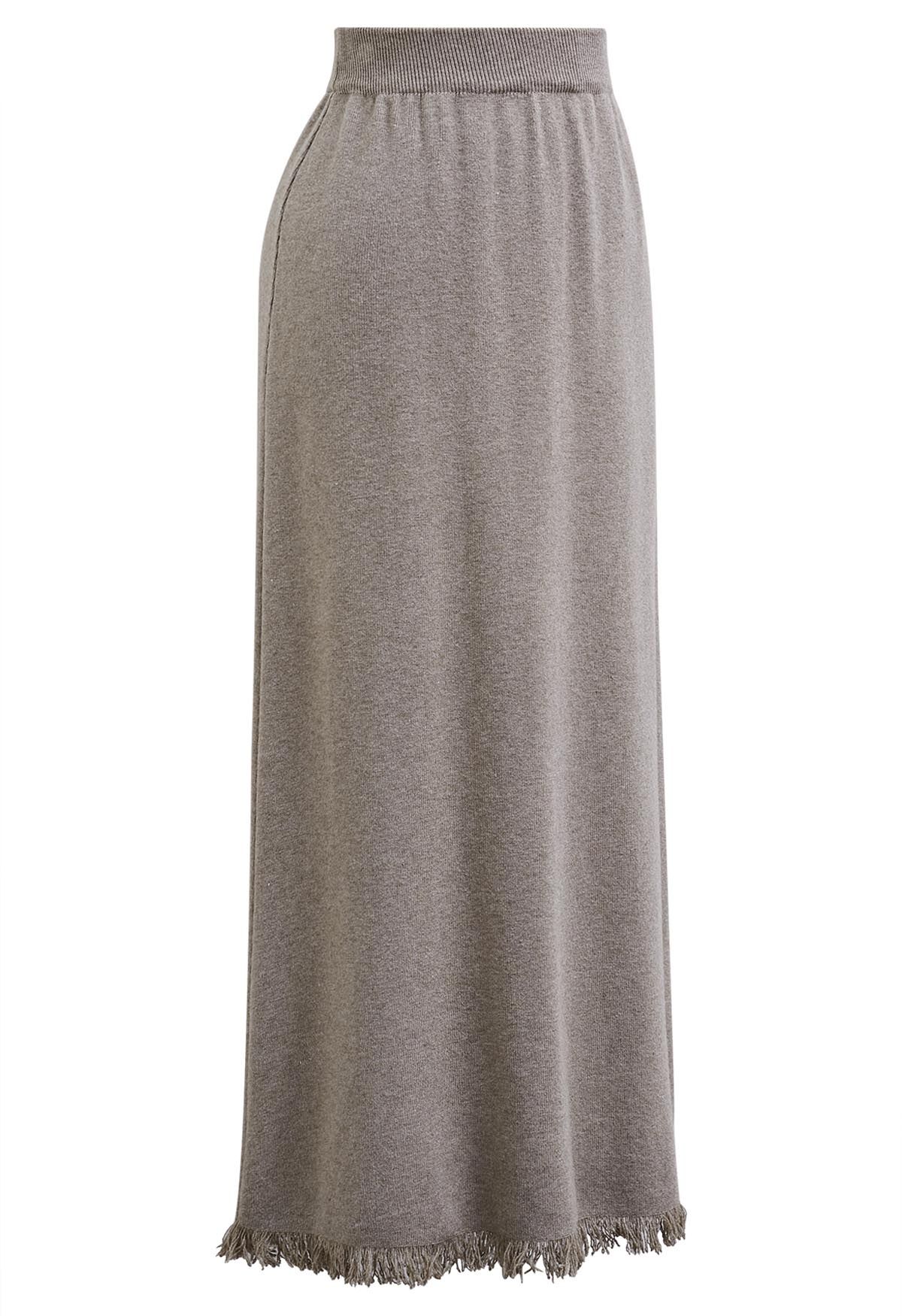 Fringed Hemline Soft Knit Maxi Skirt in Taupe