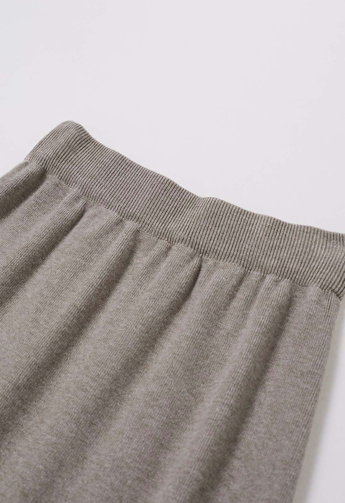 Fringed Hemline Soft Knit Maxi Skirt in Taupe