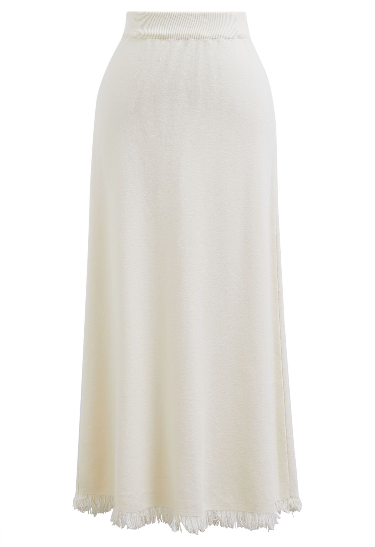 Fringed Hemline Soft Knit Maxi Skirt in Ivory