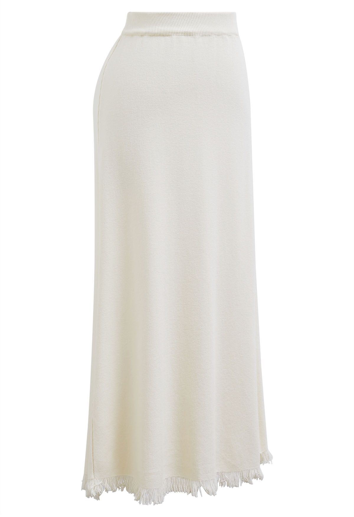 Fringed Hemline Soft Knit Maxi Skirt in Ivory