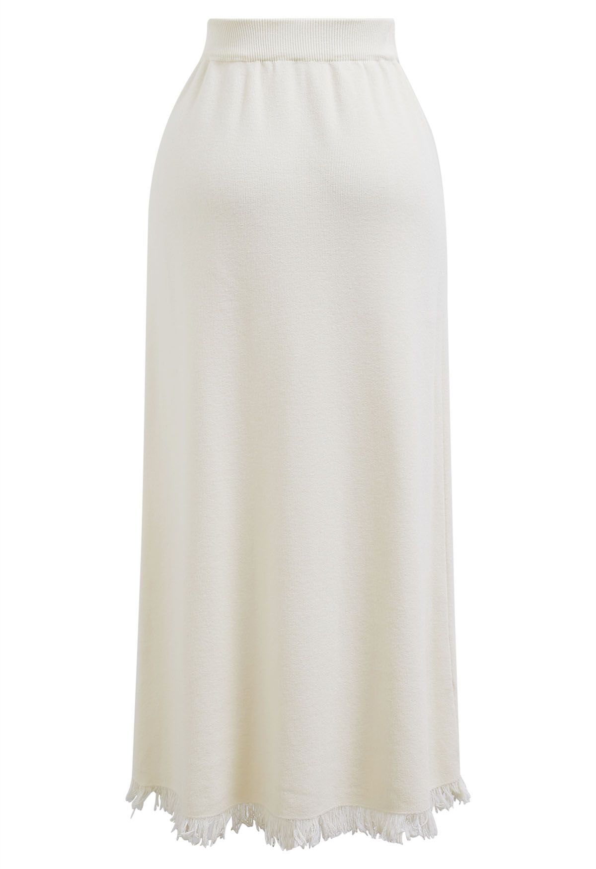 Fringed Hemline Soft Knit Maxi Skirt in Ivory