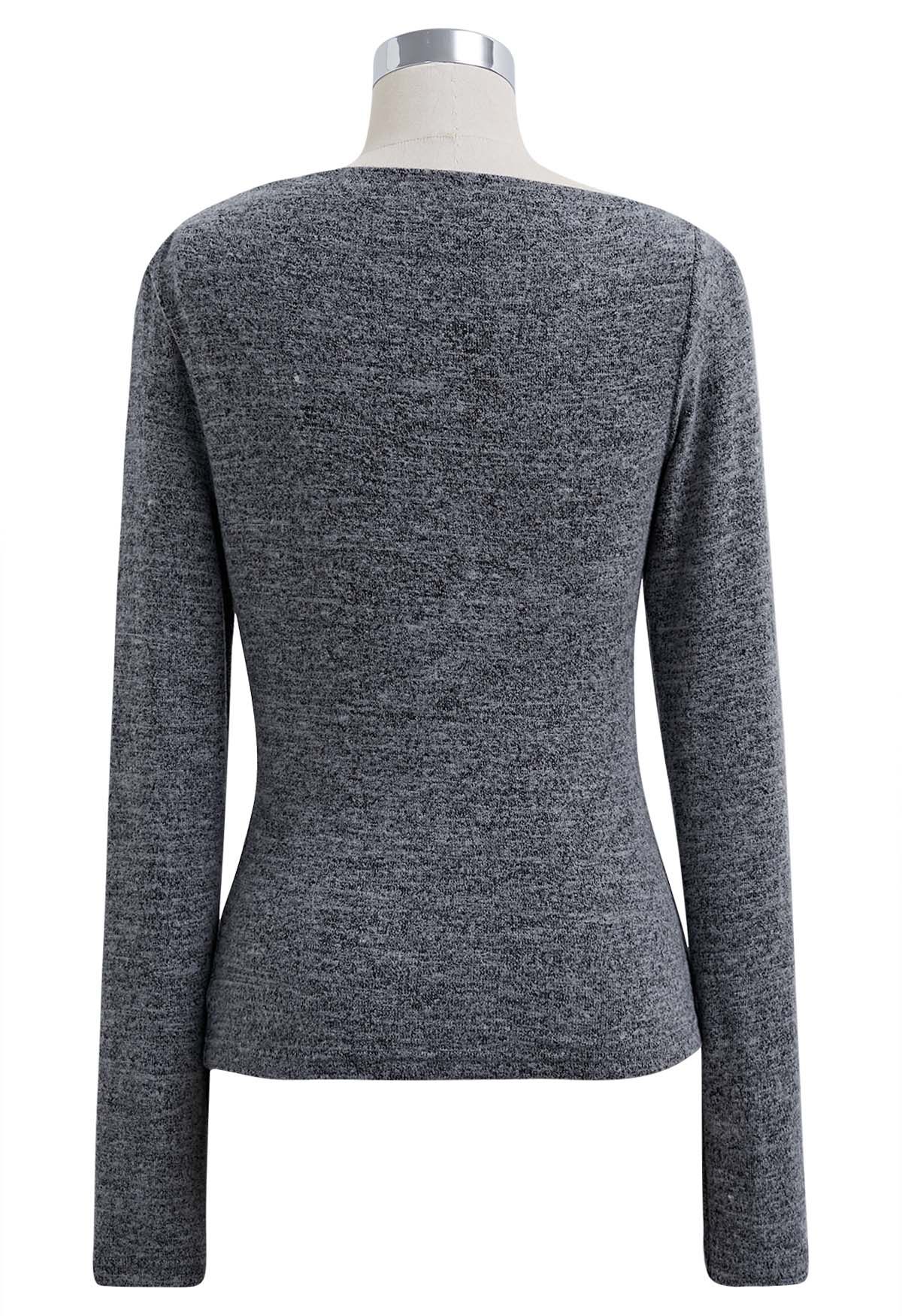 Ruched Front Long Sleeve Knit Top in Grey