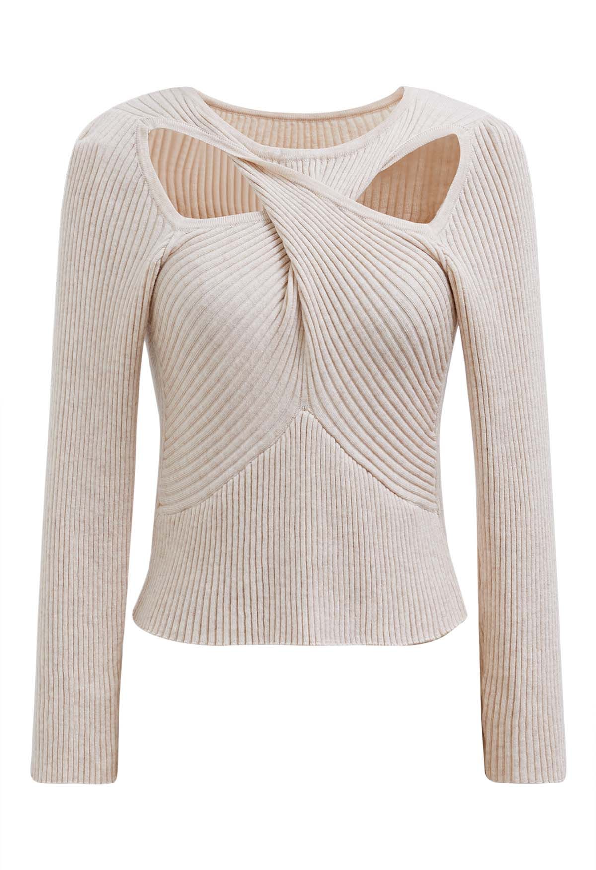 Twist Cutout Neck Ribbed Knit Top in Ivory