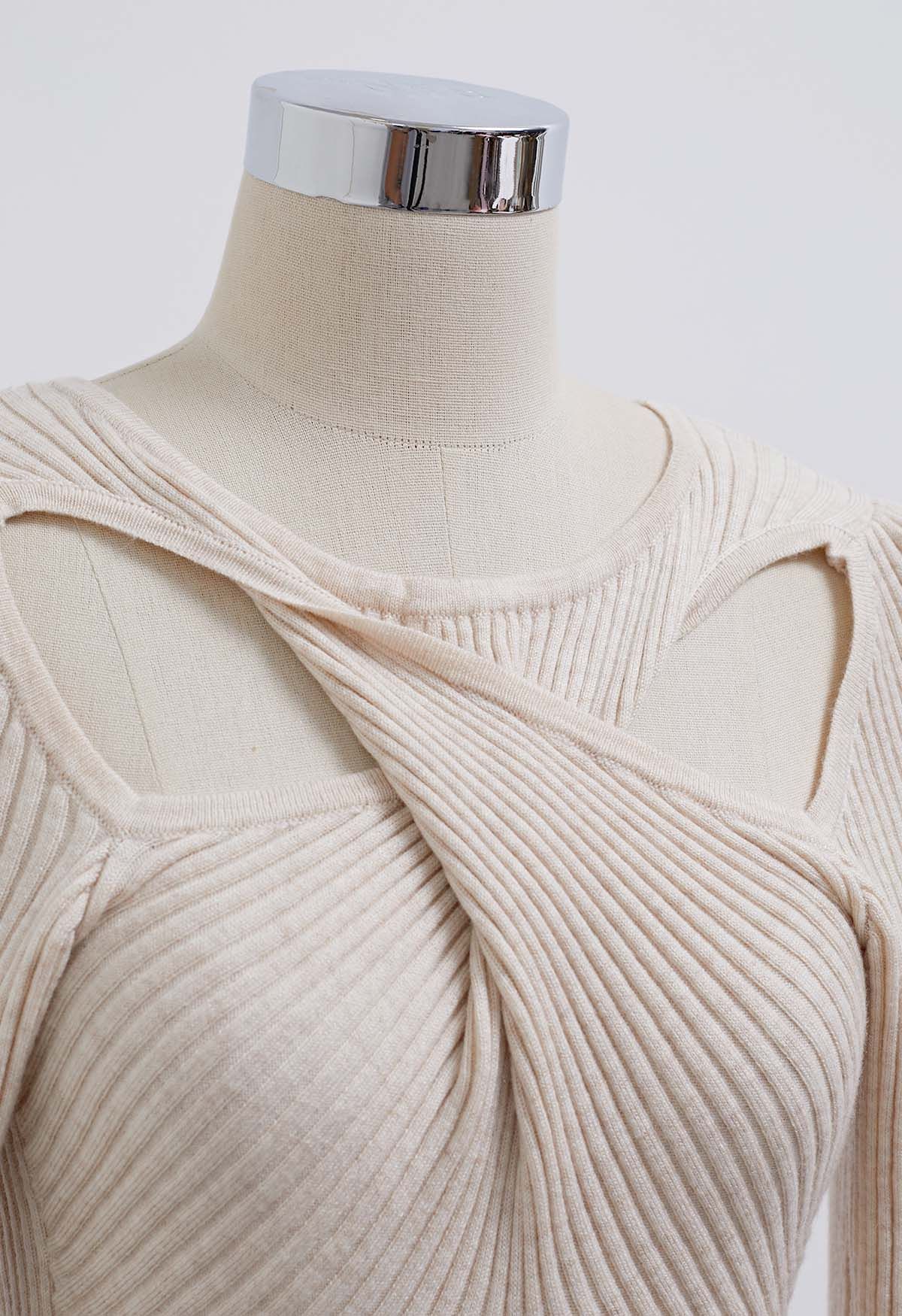 Twist Cutout Neck Ribbed Knit Top in Ivory