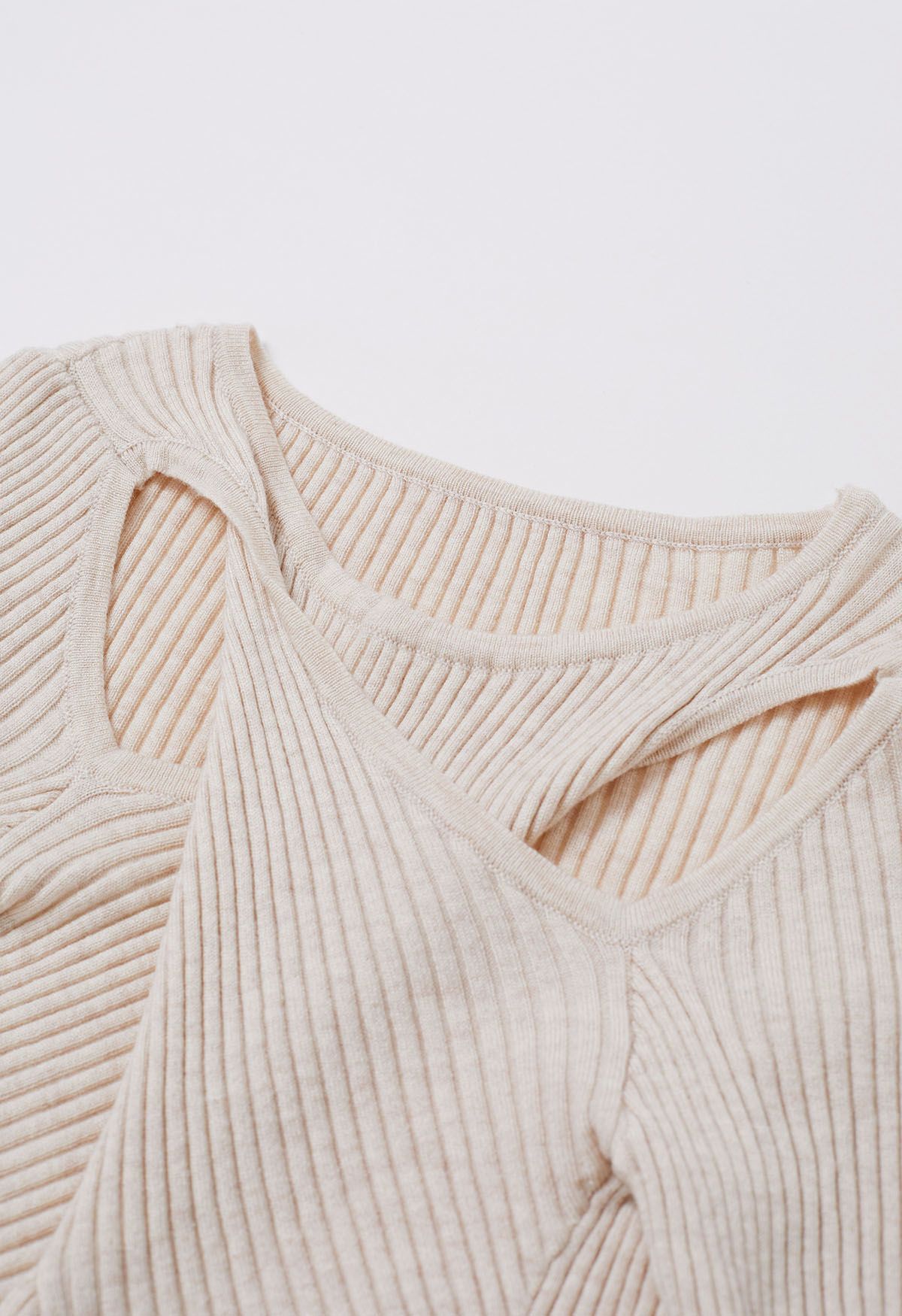 Twist Cutout Neck Ribbed Knit Top in Ivory