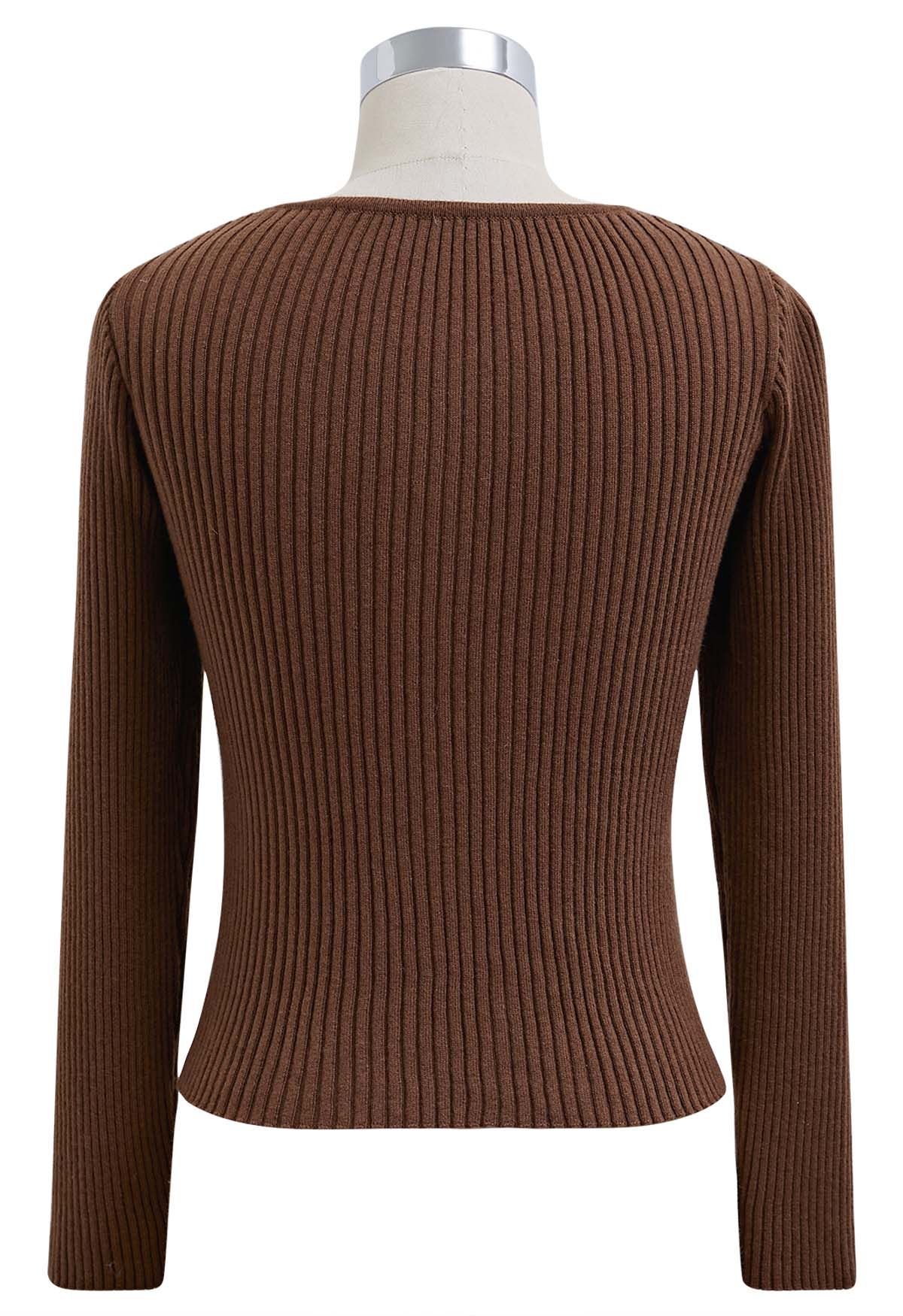 Twist Cutout Neck Ribbed Knit Top in Brown