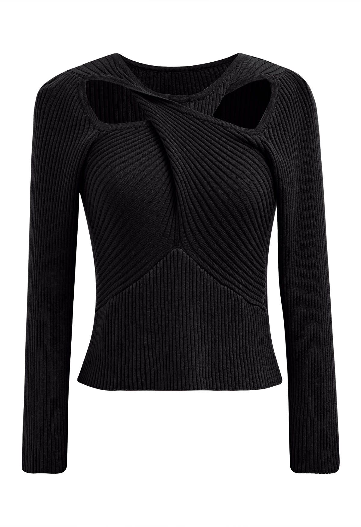 Twist Cutout Neck Ribbed Knit Top in Black