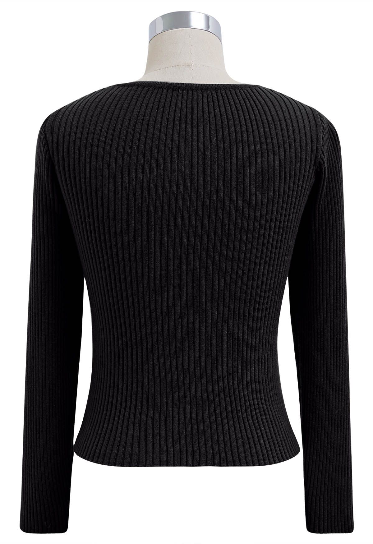 Twist Cutout Neck Ribbed Knit Top in Black