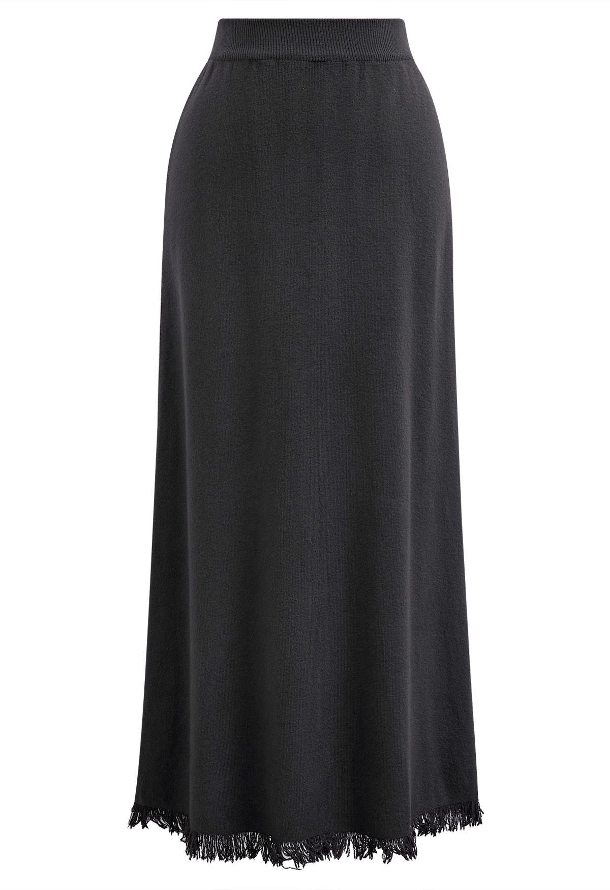 Fringed Hemline Soft Knit Maxi Skirt in Smoke