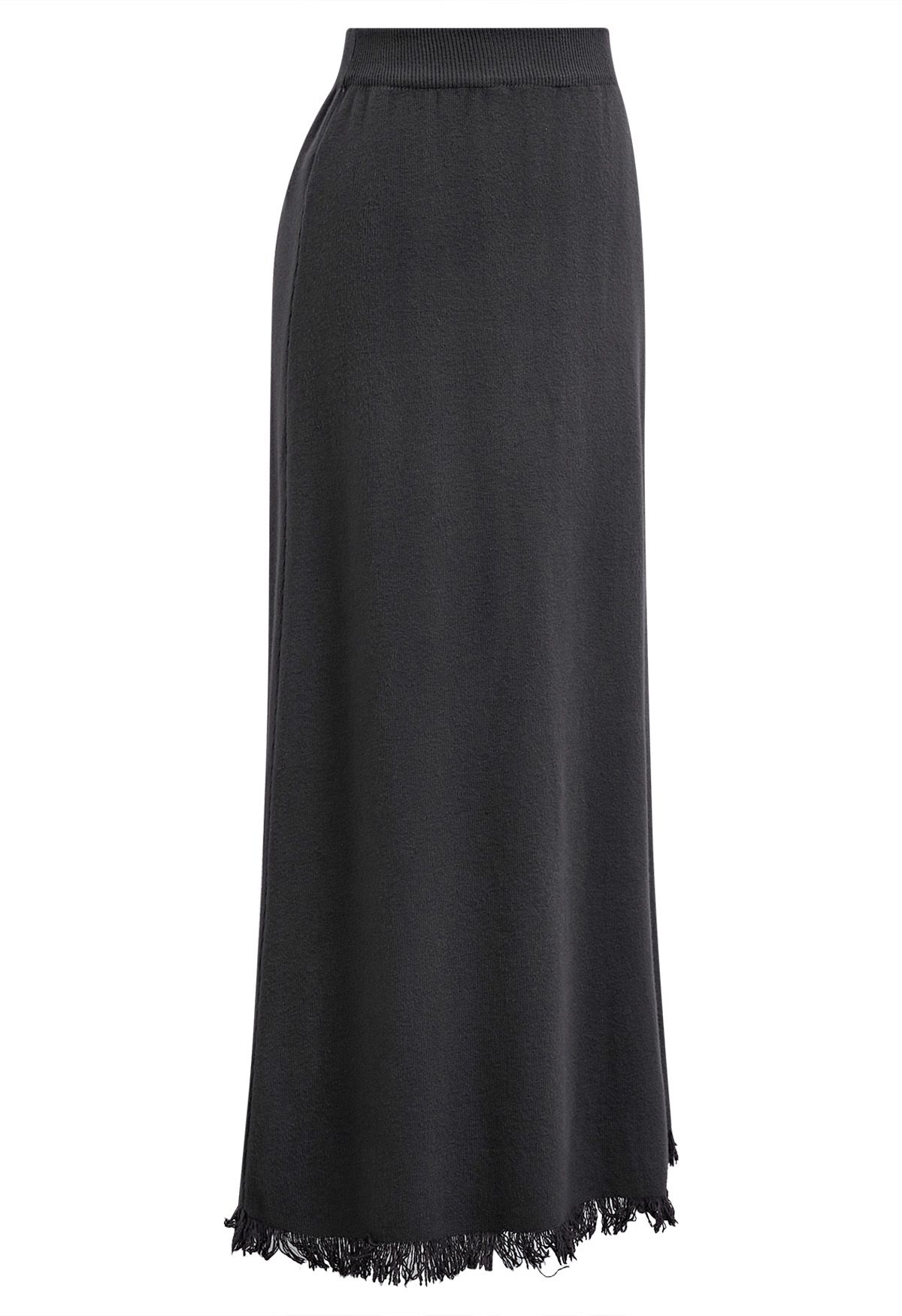 Fringed Hemline Soft Knit Maxi Skirt in Smoke