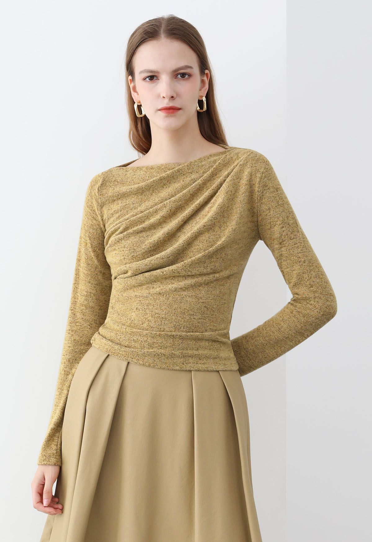 Ruched Front Long Sleeve Knit Top in Mustard