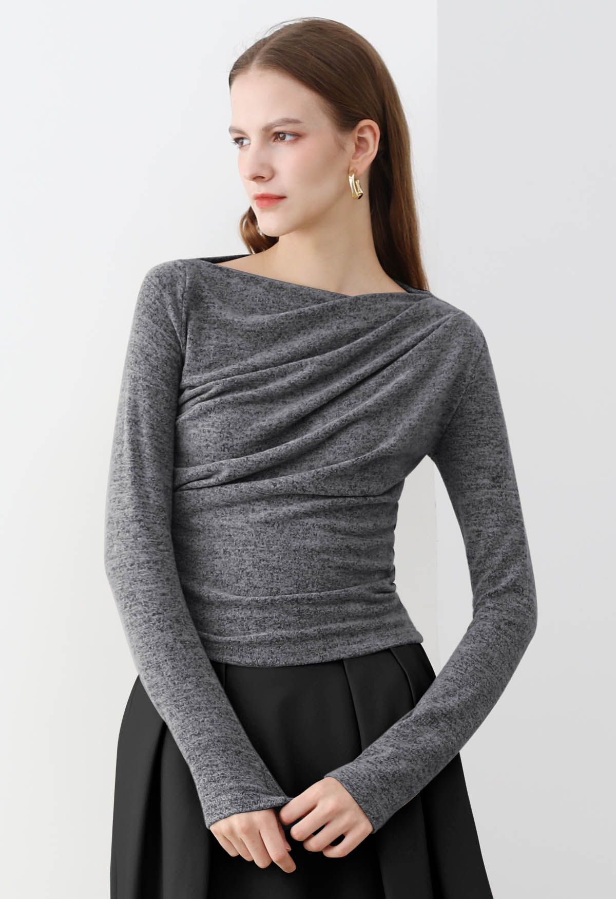 Ruched Front Long Sleeve Knit Top in Grey - Retro, Indie and Unique Fashion