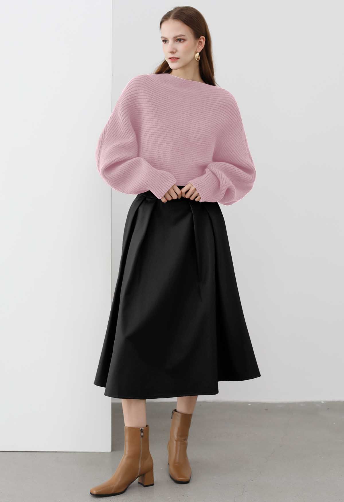 Dramatic Batwing Sleeve Ribbed Knit Sweater in Pink