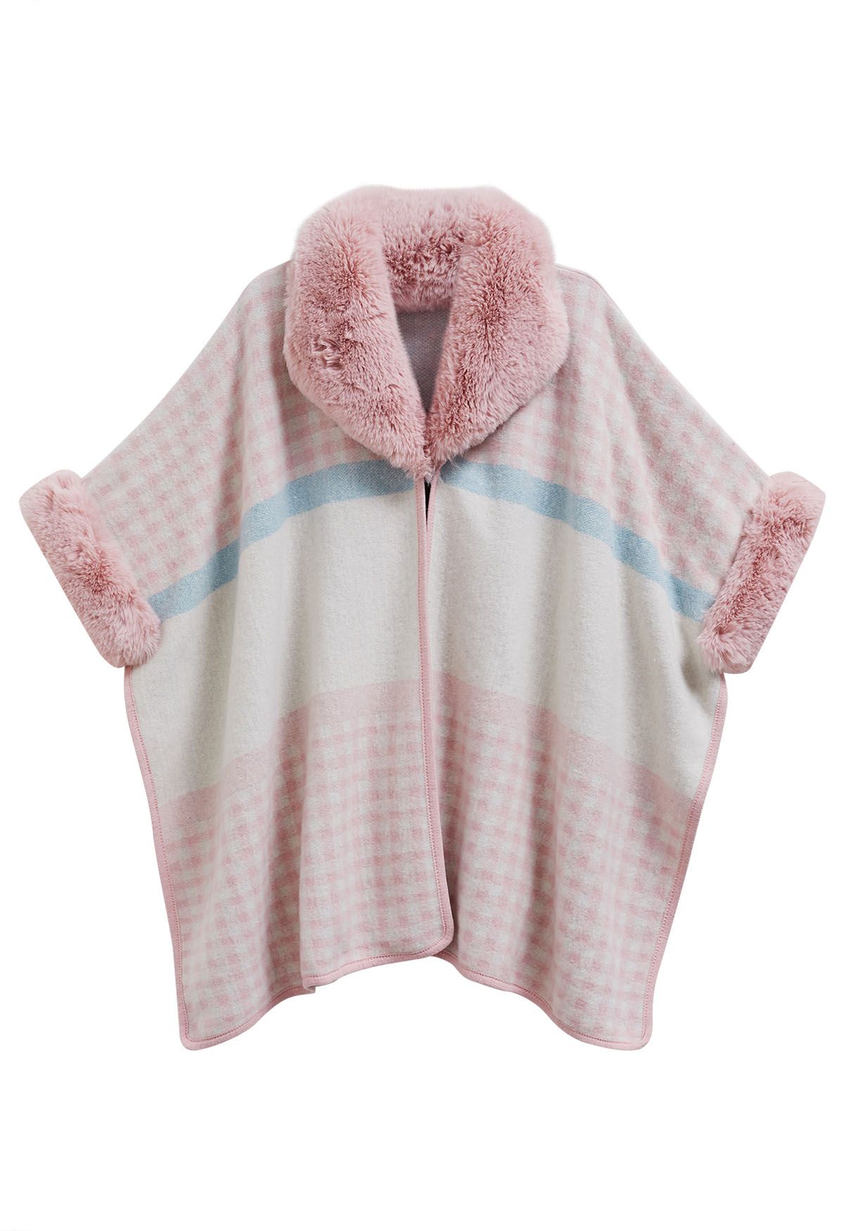 Gingham Print Faux Fur Poncho in Pink