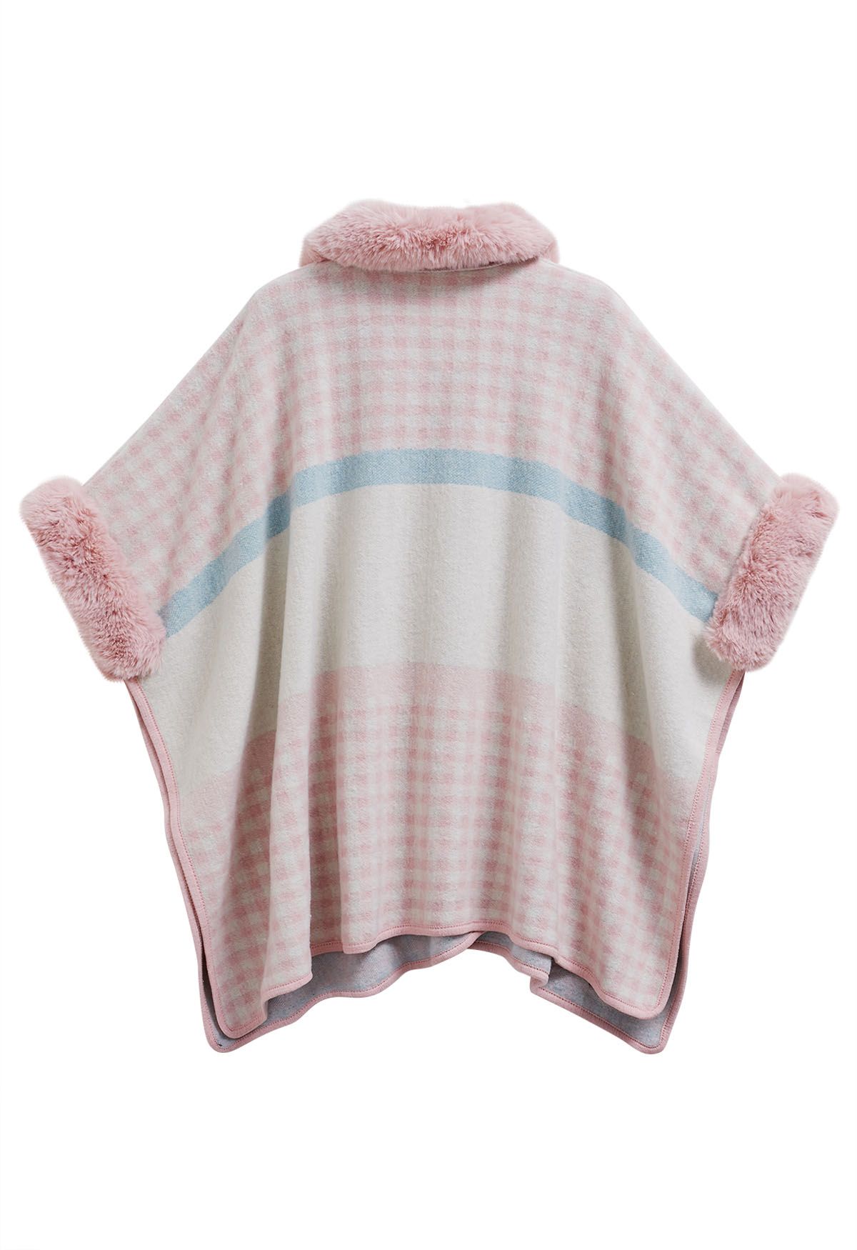 Gingham Print Faux Fur Poncho in Pink