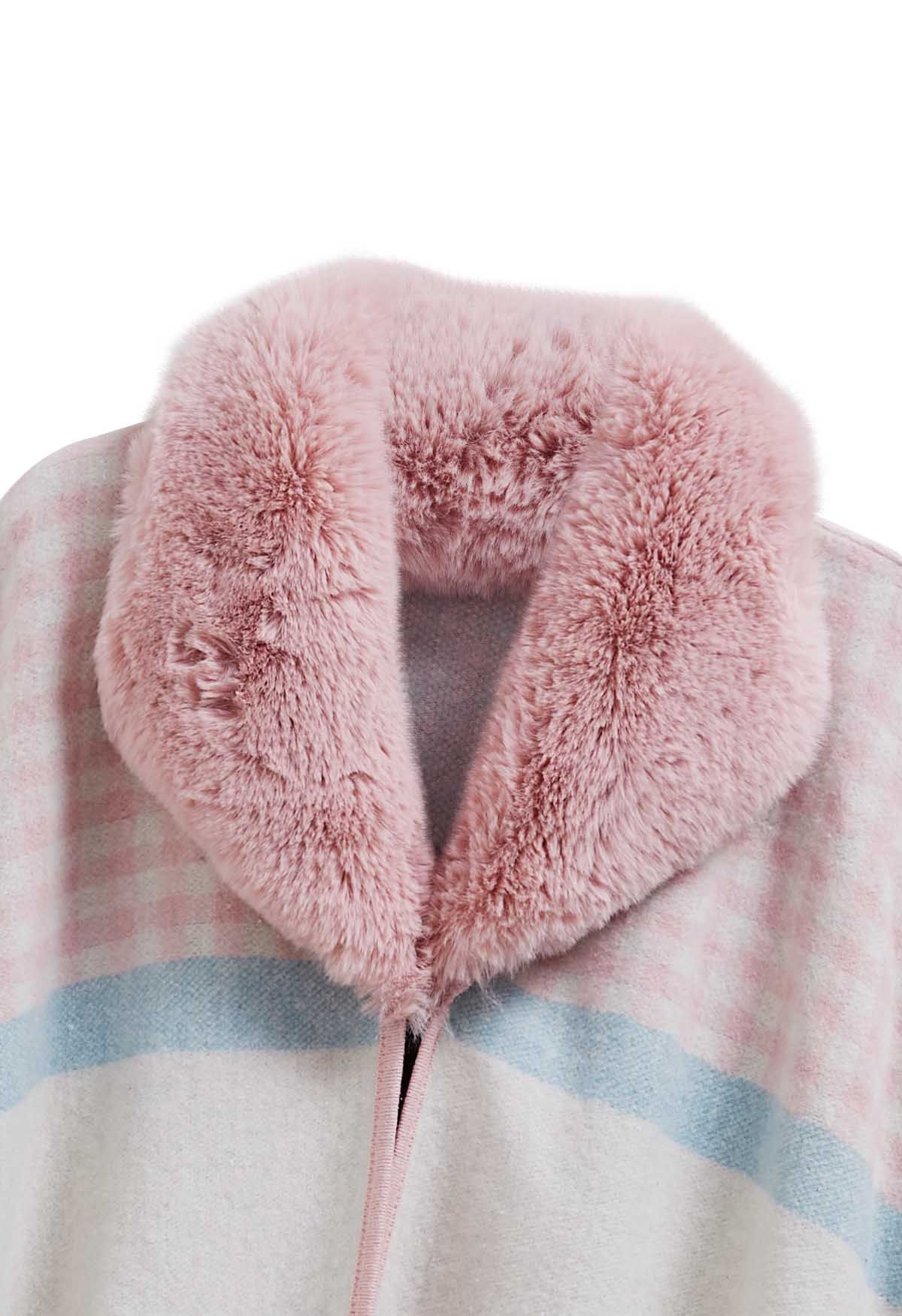 Gingham Print Faux Fur Poncho in Pink