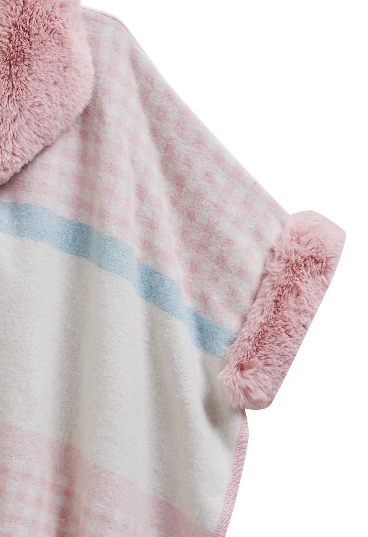 Gingham Print Faux Fur Poncho in Pink