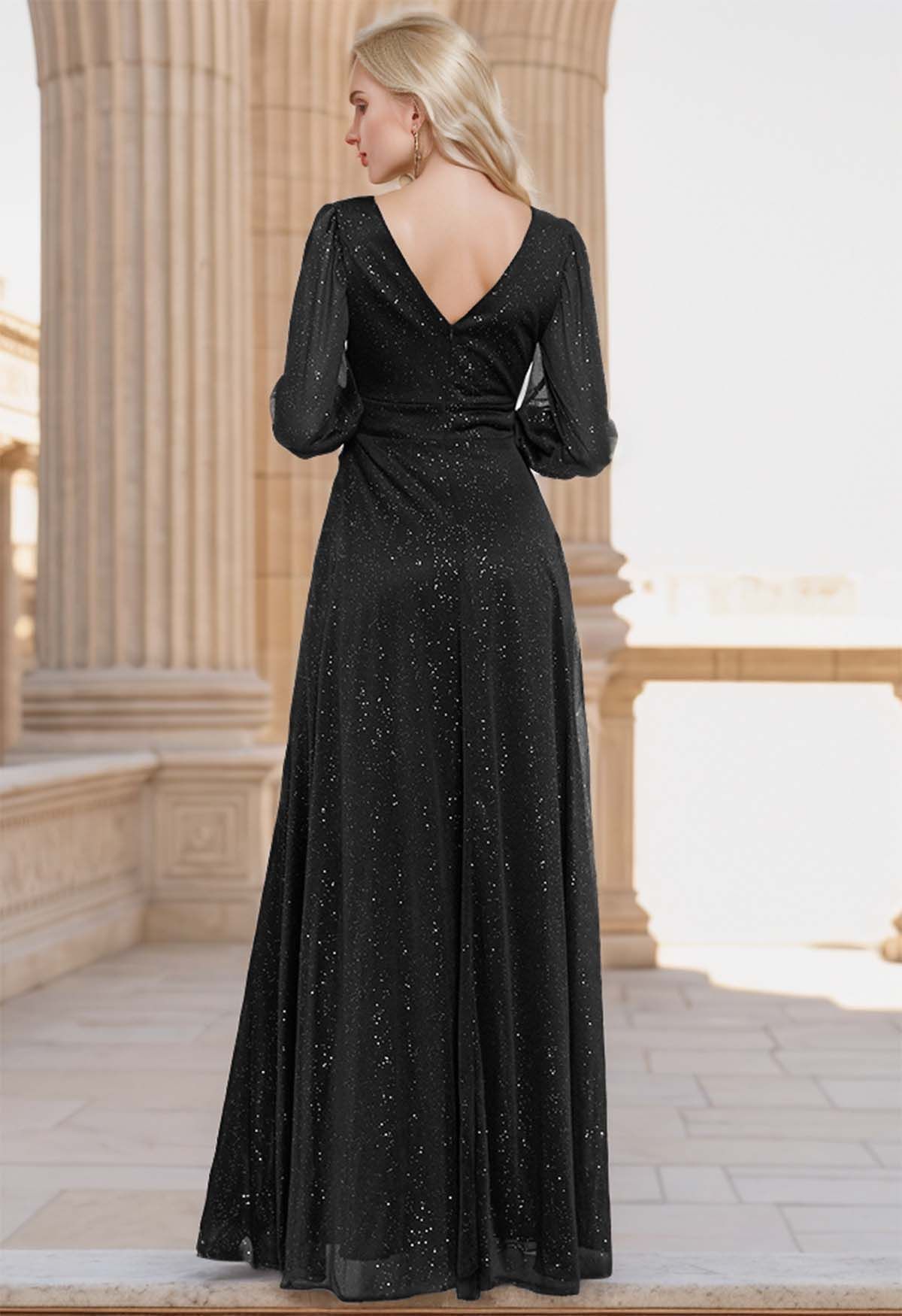 Shimmer V-Neck Sheer Sleeves High Slit Gown