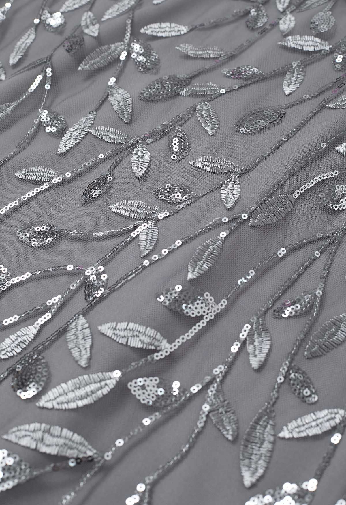 Leaves Branch Sequined Mesh Panelled Gown in Grey