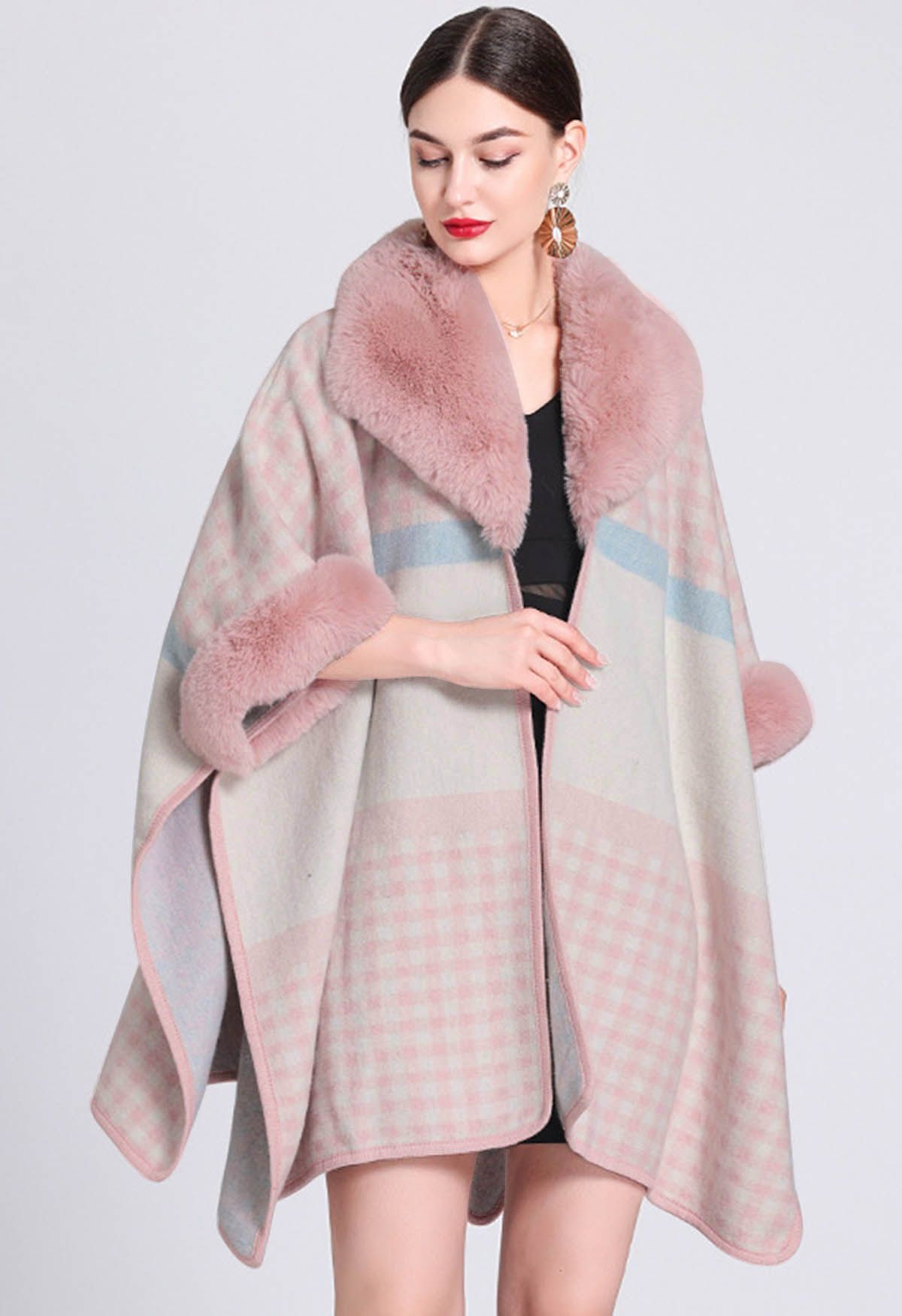 Gingham Print Faux Fur Poncho in Pink