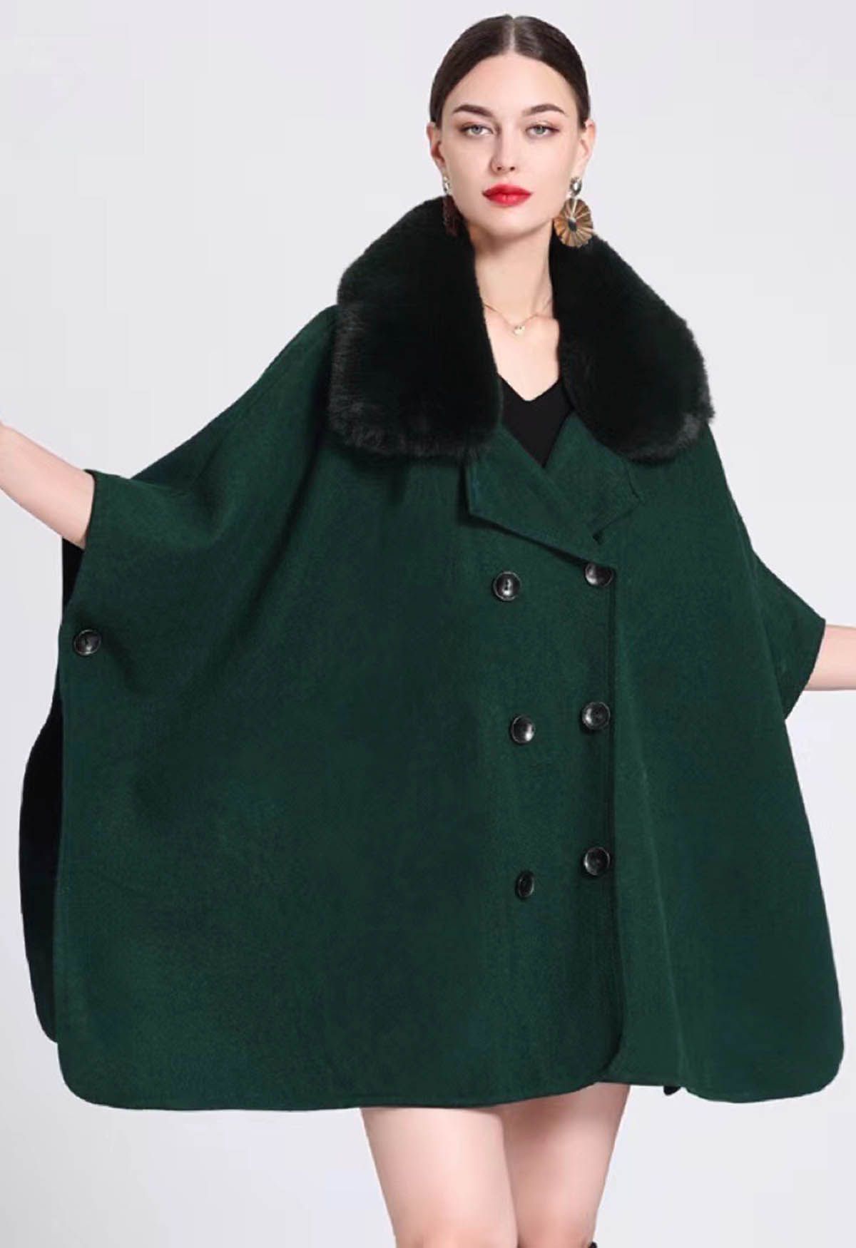 Faux Fur Collar Double-Breasted Poncho