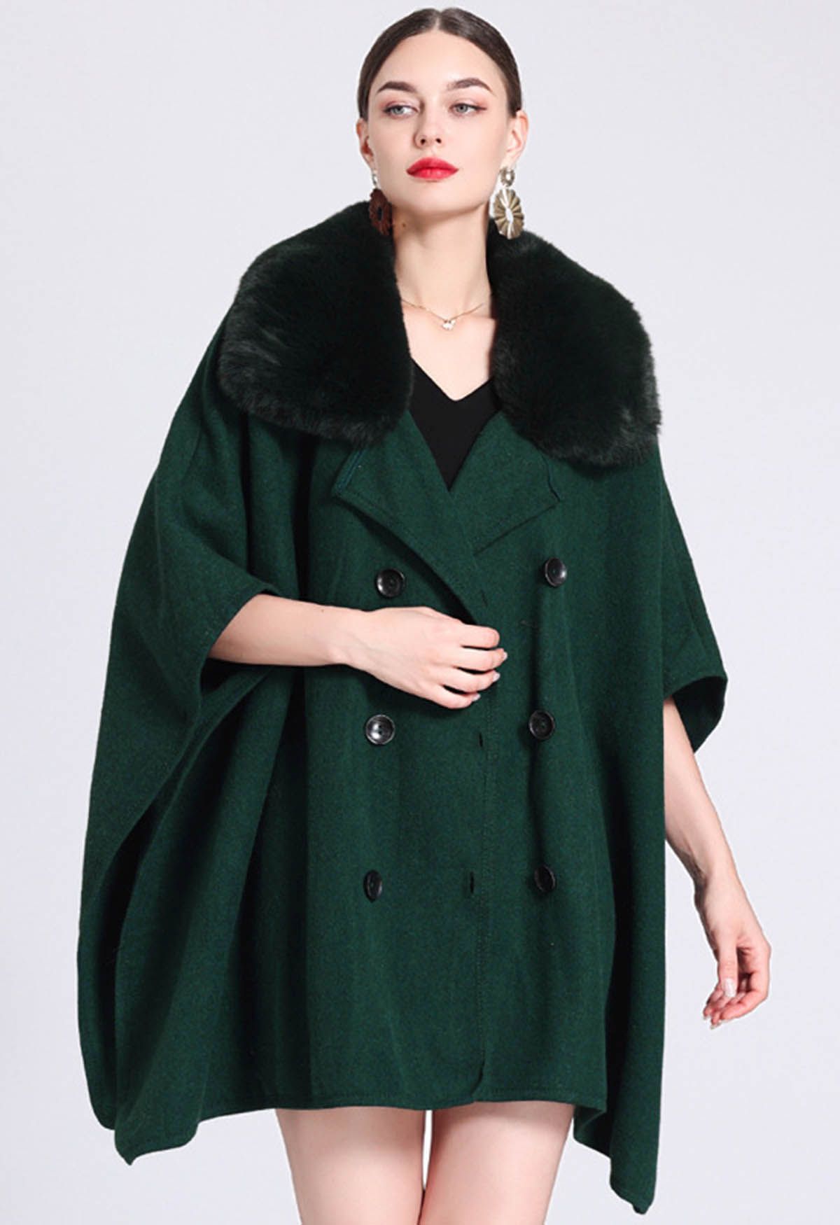 Faux Fur Collar Double-Breasted Poncho