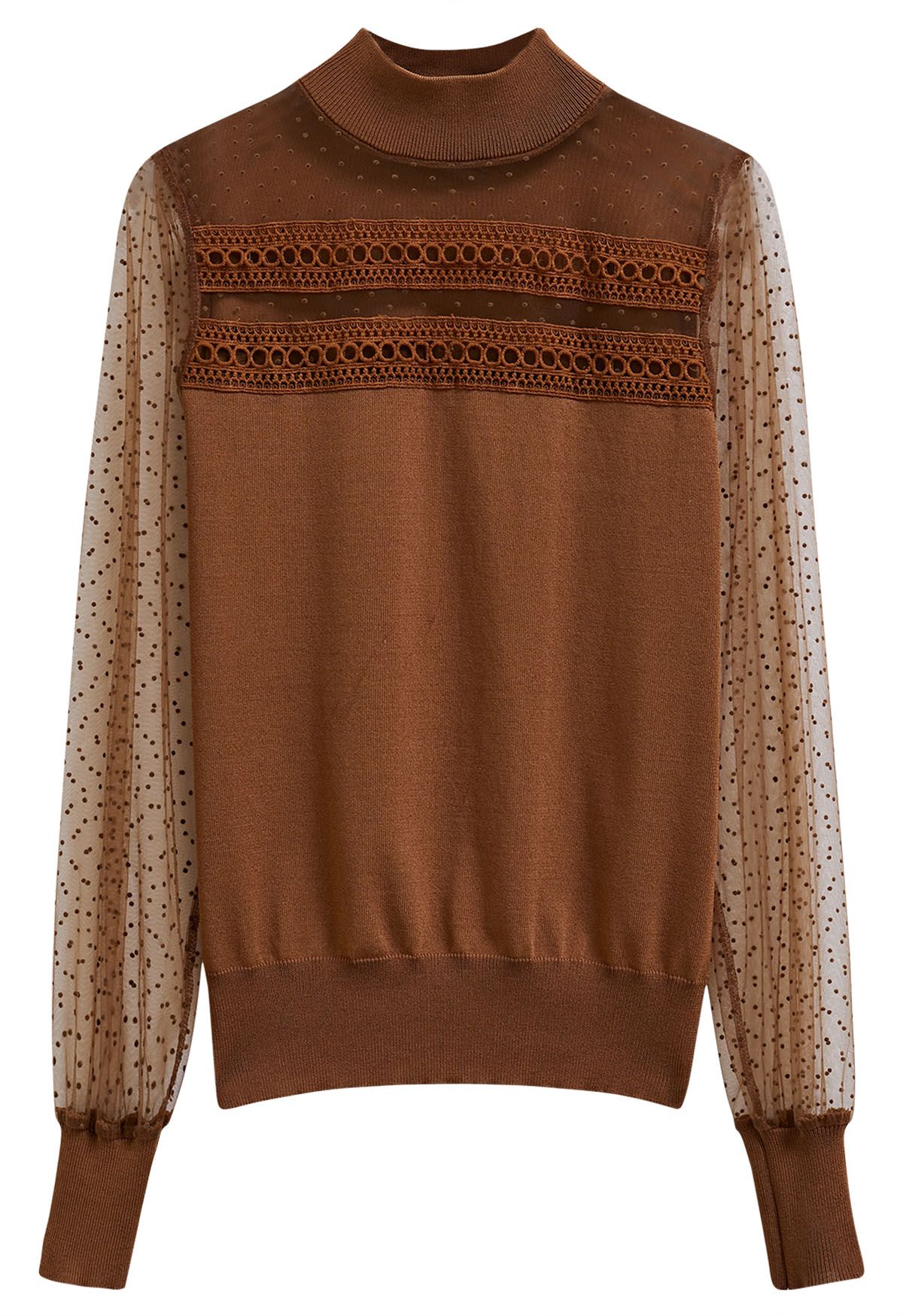 Flock Dots Mesh Spliced Knit Top in Caramel