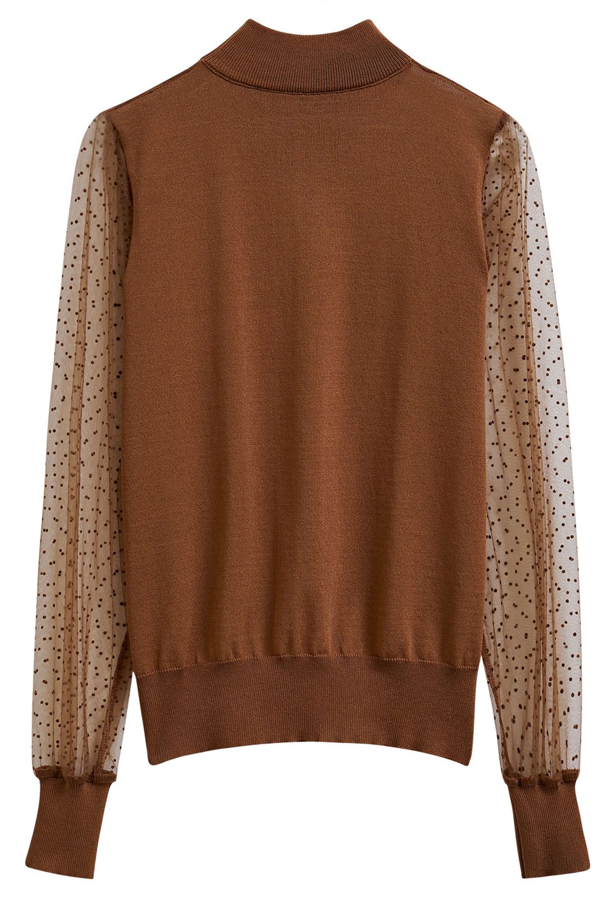 Flock Dots Mesh Spliced Knit Top in Caramel