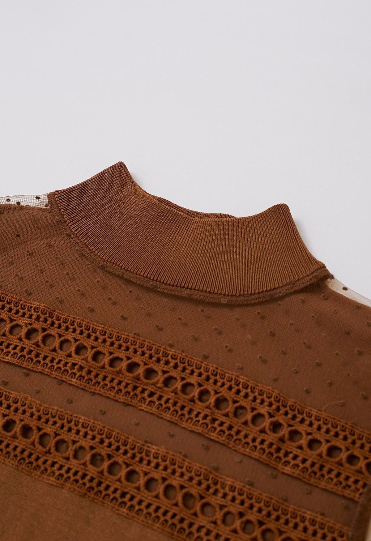 Flock Dots Mesh Spliced Knit Top in Caramel