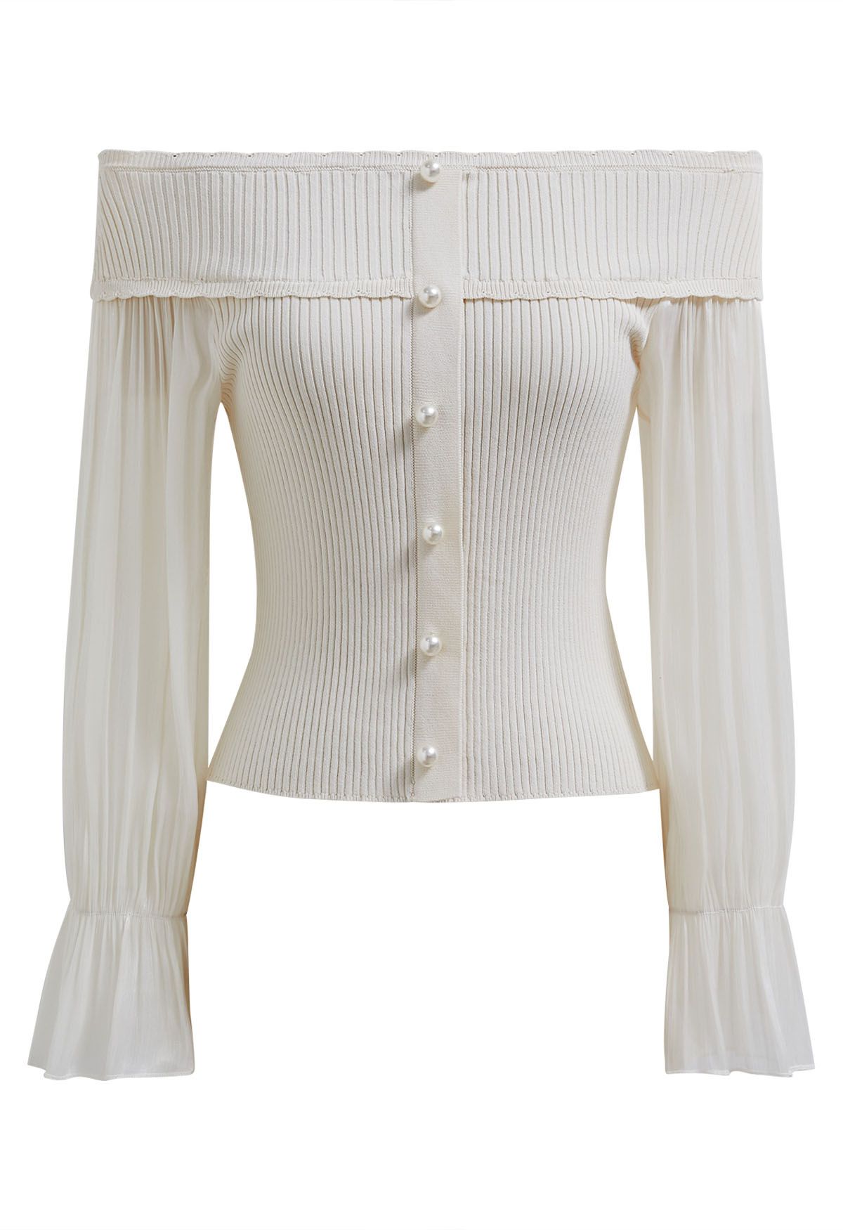 Off-Shoulder Organza Sleeves Spliced Crop Top in Cream