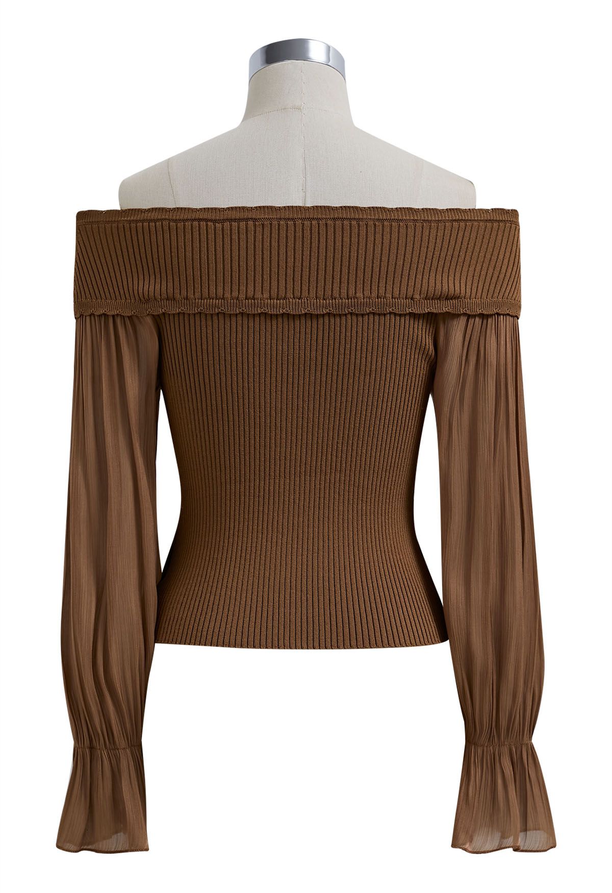 Off-Shoulder Organza Sleeves Spliced Crop Top in Brown