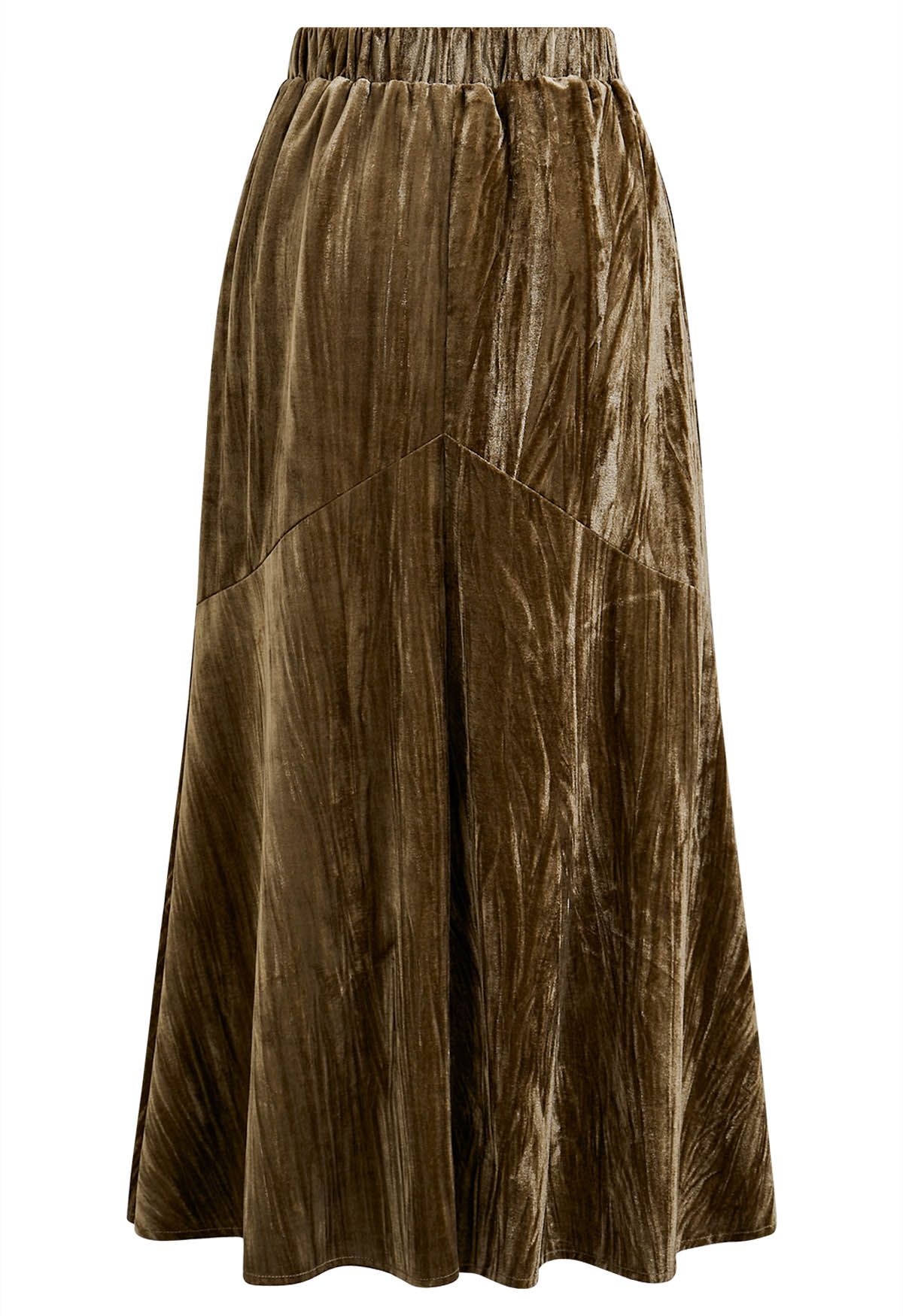 Flare Hem Velvet Midi Skirt in Caramel