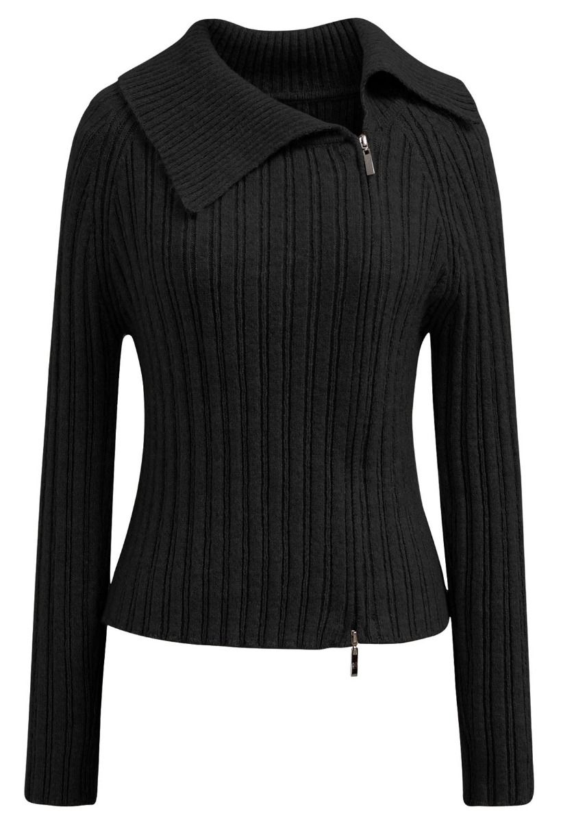 Asymmetric Flap Collar Zip Up Knit Top in Black