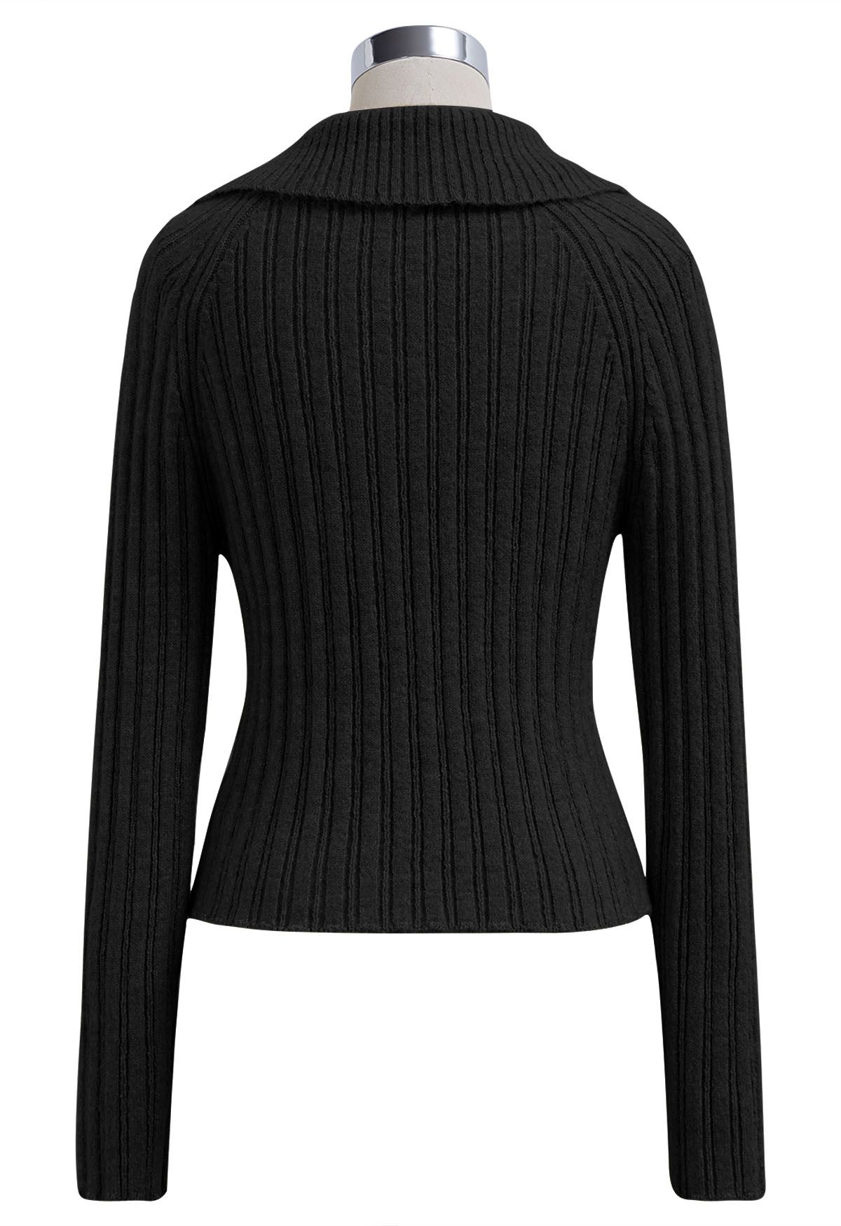 Asymmetric Flap Collar Zip Up Knit Top in Black