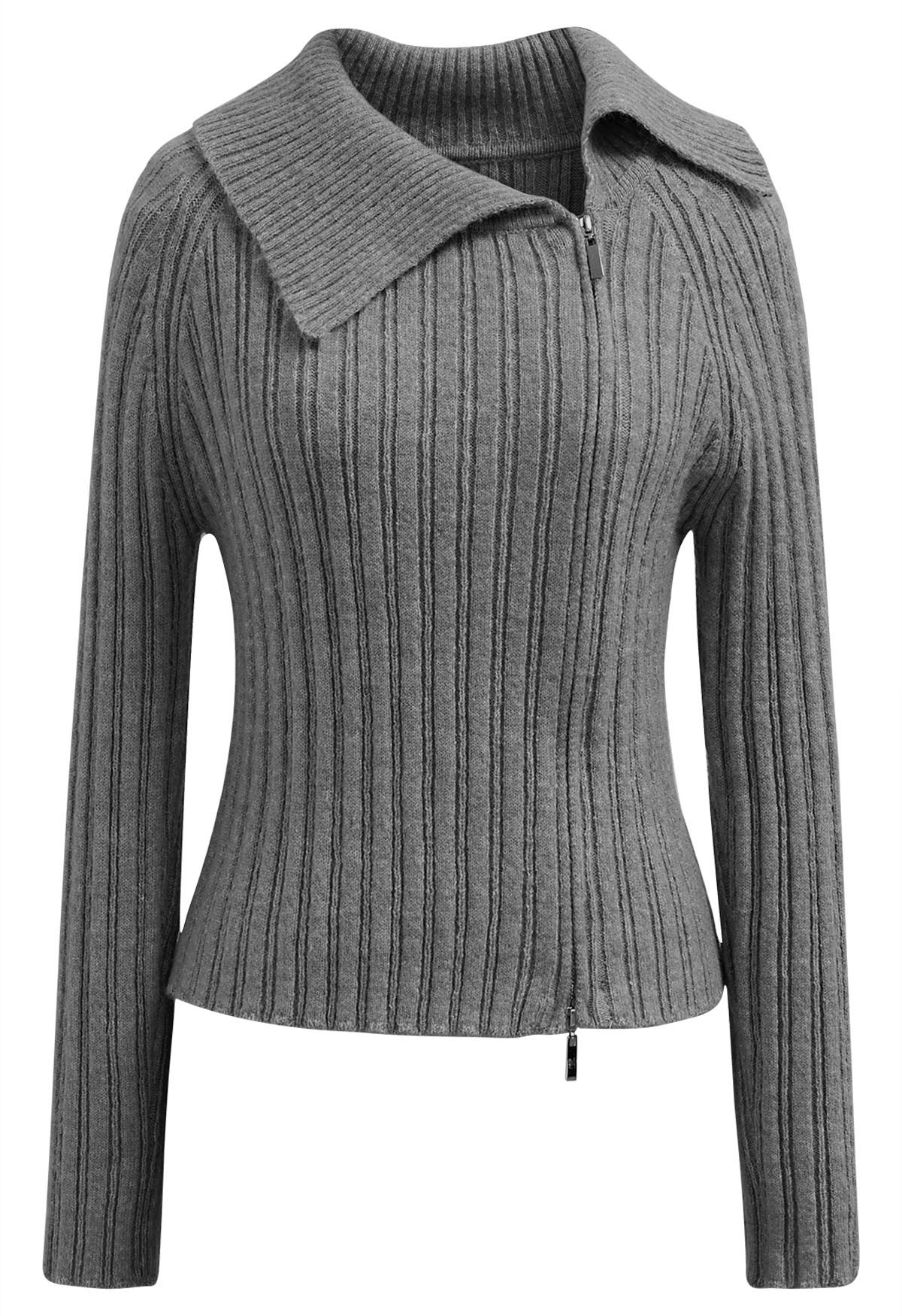 Asymmetric Flap Collar Zip Up Knit Top in Grey