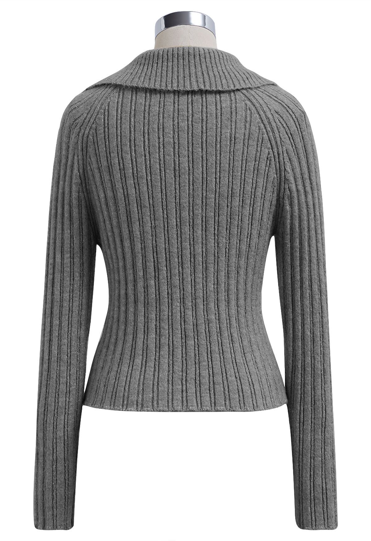 Asymmetric Flap Collar Zip Up Knit Top in Grey