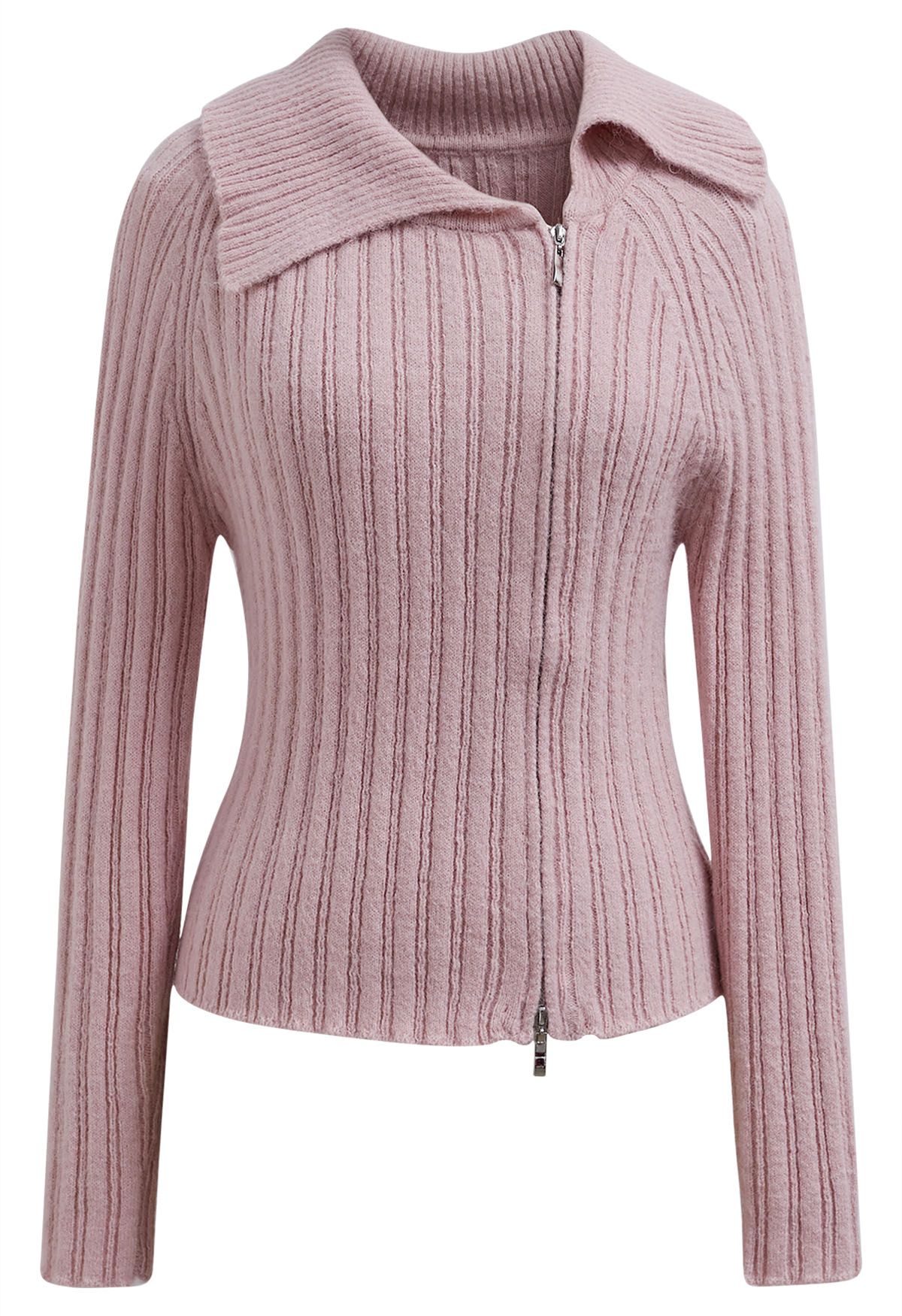 Asymmetric Flap Collar Zip Up Knit Top in Pink