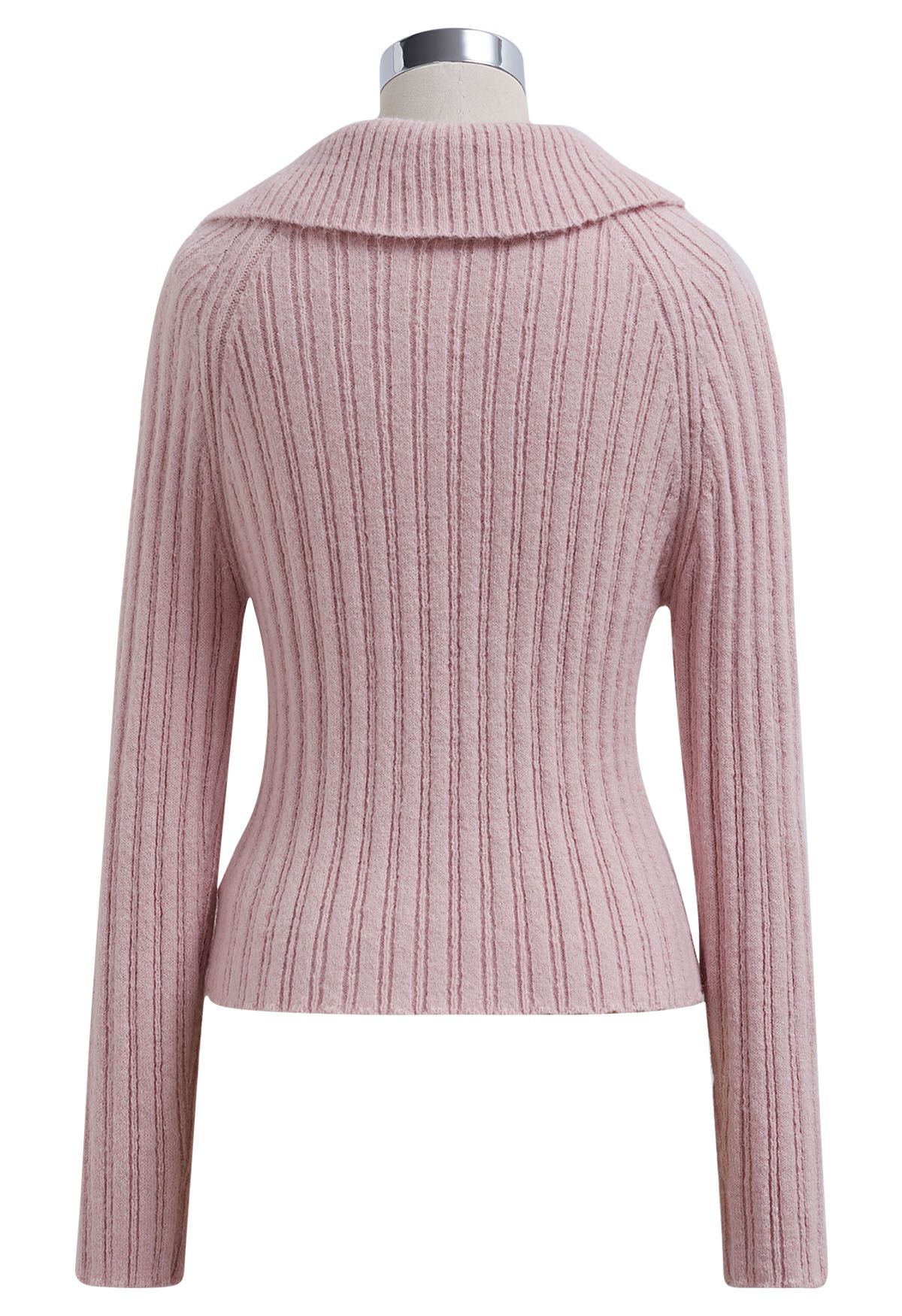 Asymmetric Flap Collar Zip Up Knit Top in Pink