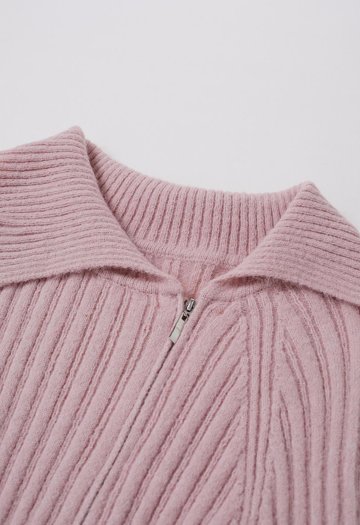 Asymmetric Flap Collar Zip Up Knit Top in Pink