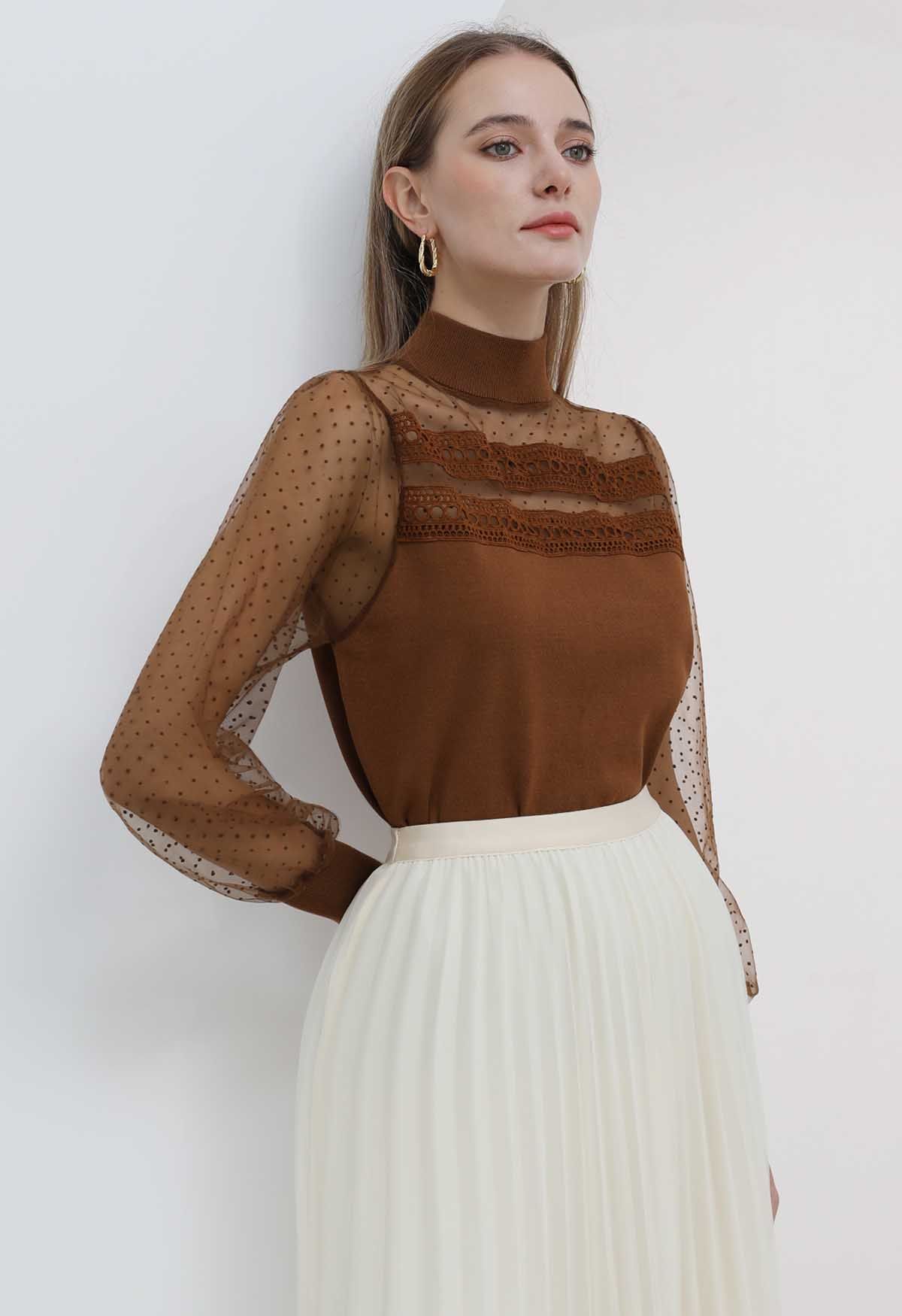 Flock Dots Mesh Spliced Knit Top in Caramel