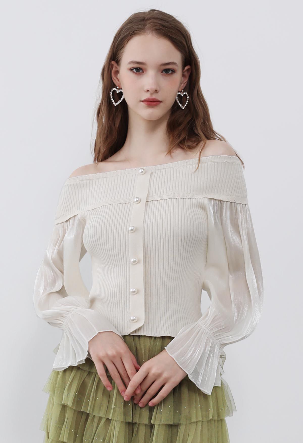 Off-Shoulder Organza Sleeves Spliced Crop Top in Cream